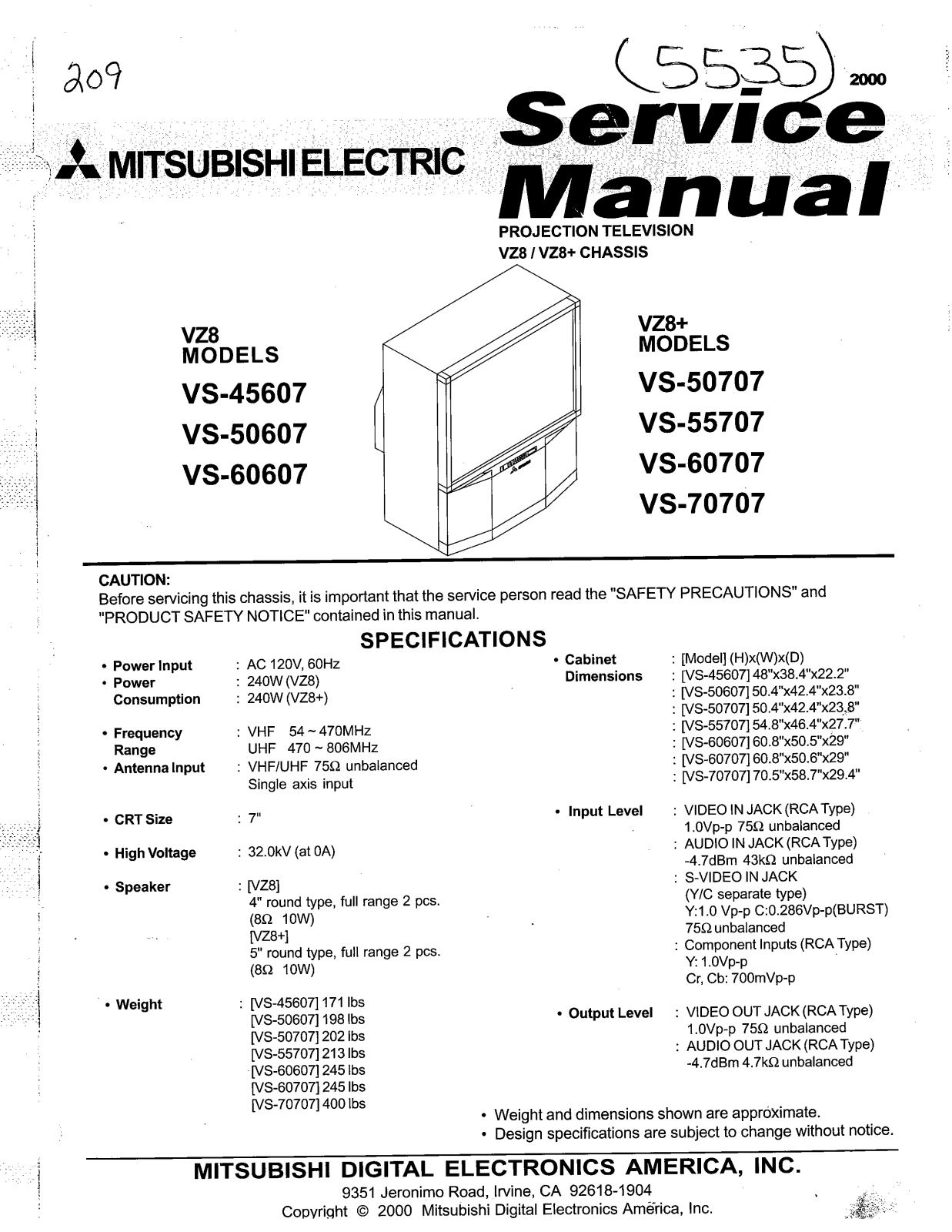 mitsubishi VS45604, VS50607, VS60607, VS50707, VS55707 Service Manual