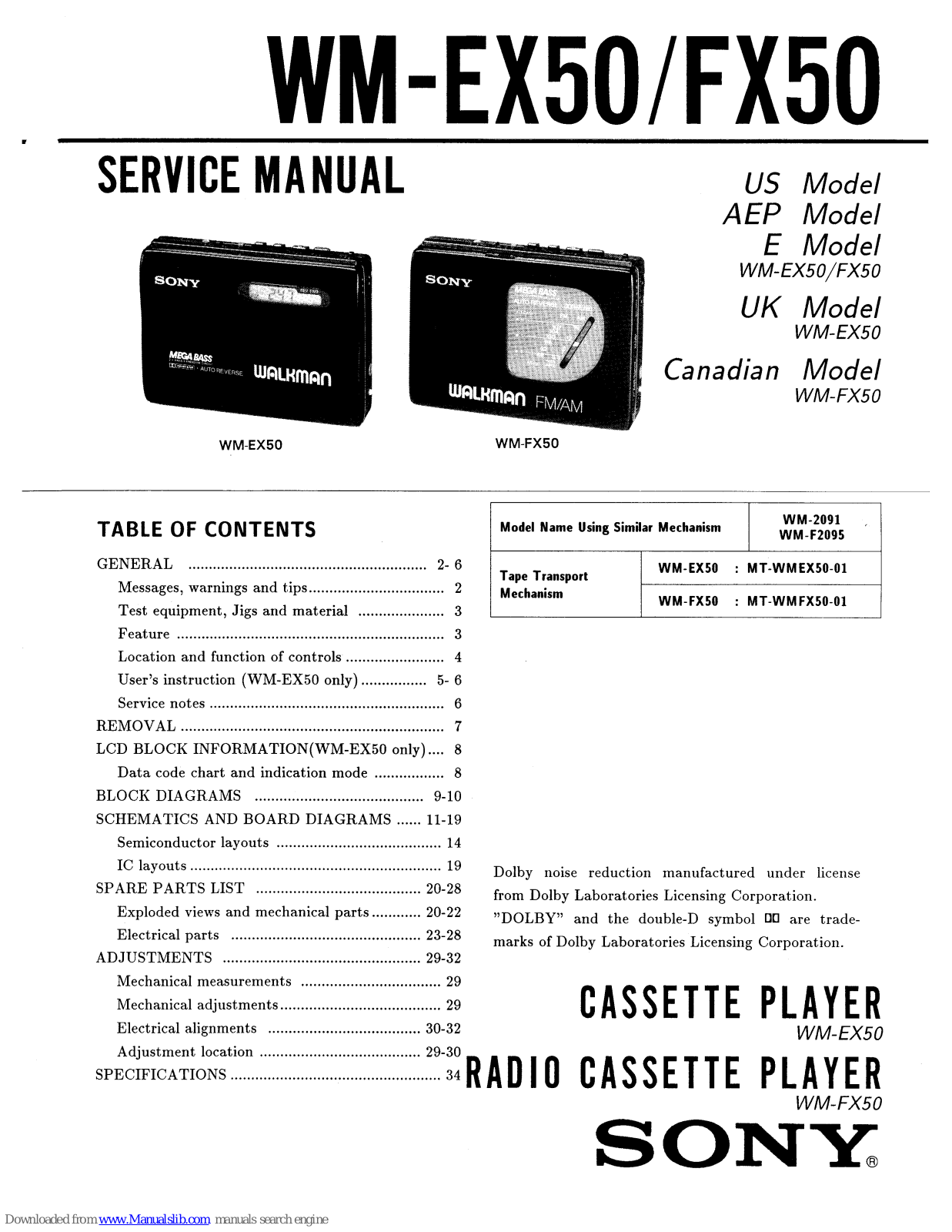 Sony WM-EX50,WM-FX50 Service Manual