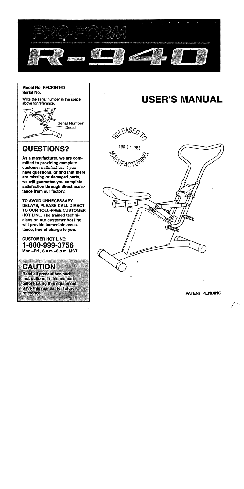 ProForm PFCR94160 User Manual