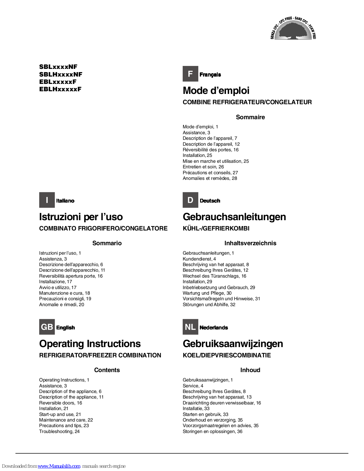 Hotpoint EBLxxxxxF, SBLHxxxxNF, SBLxxxxNF, EBLHxxxxxF Operating Instructions Manual