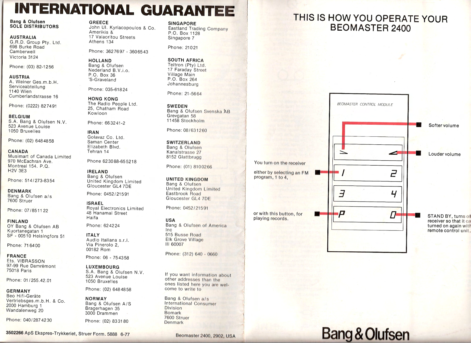 Bang Olufsen Beomaster 2400 Owners Manual