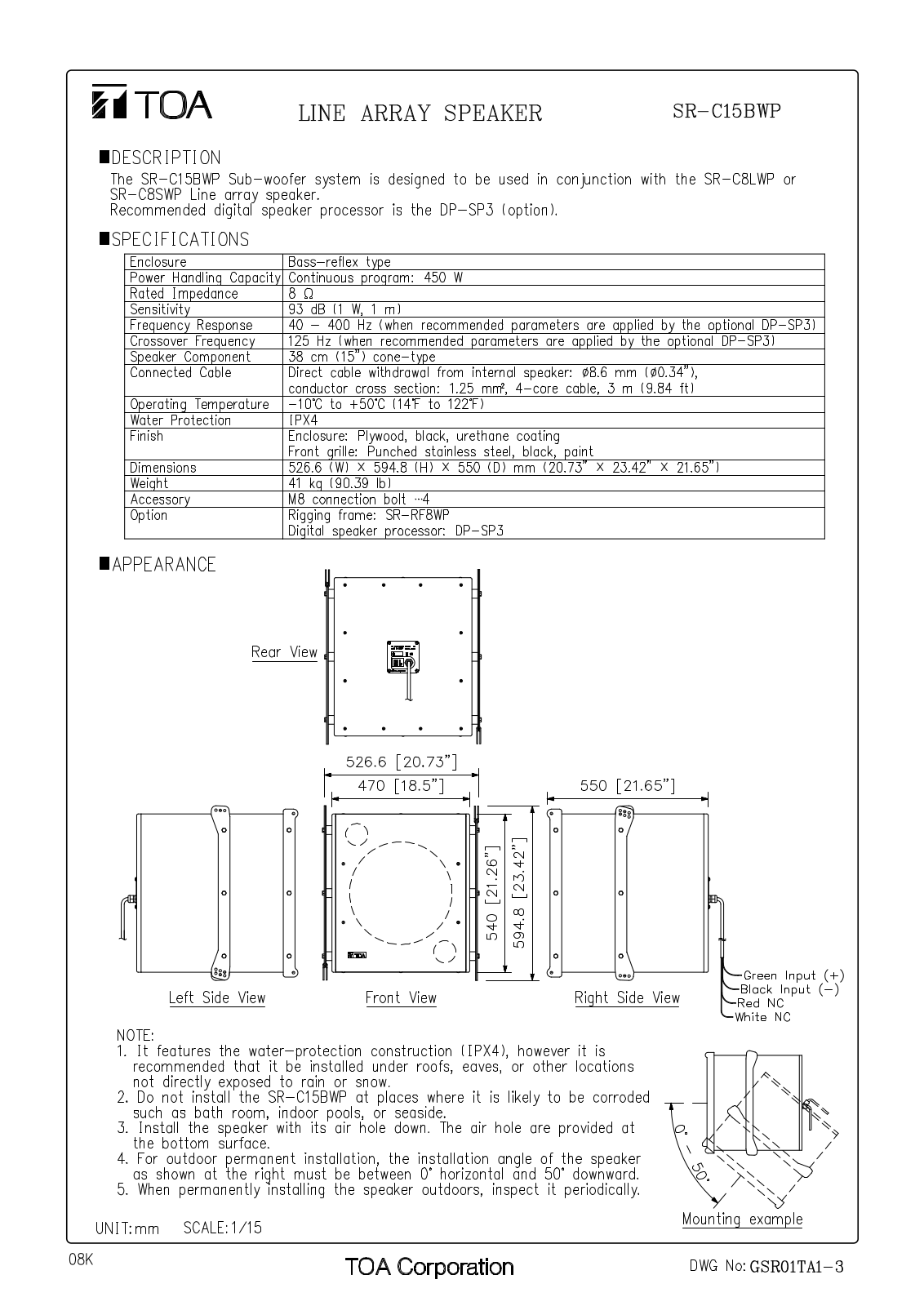 TOA SR-C15BWP, SR-C8L User Manual