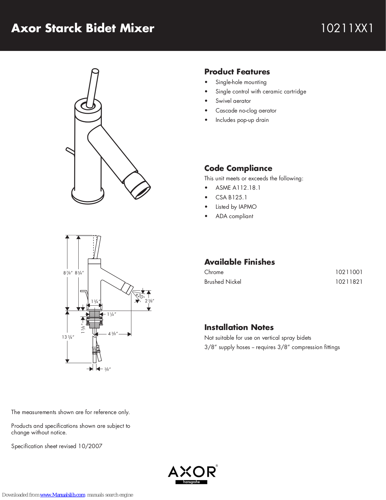 Axor 10211001, 10211821 Specification Sheet