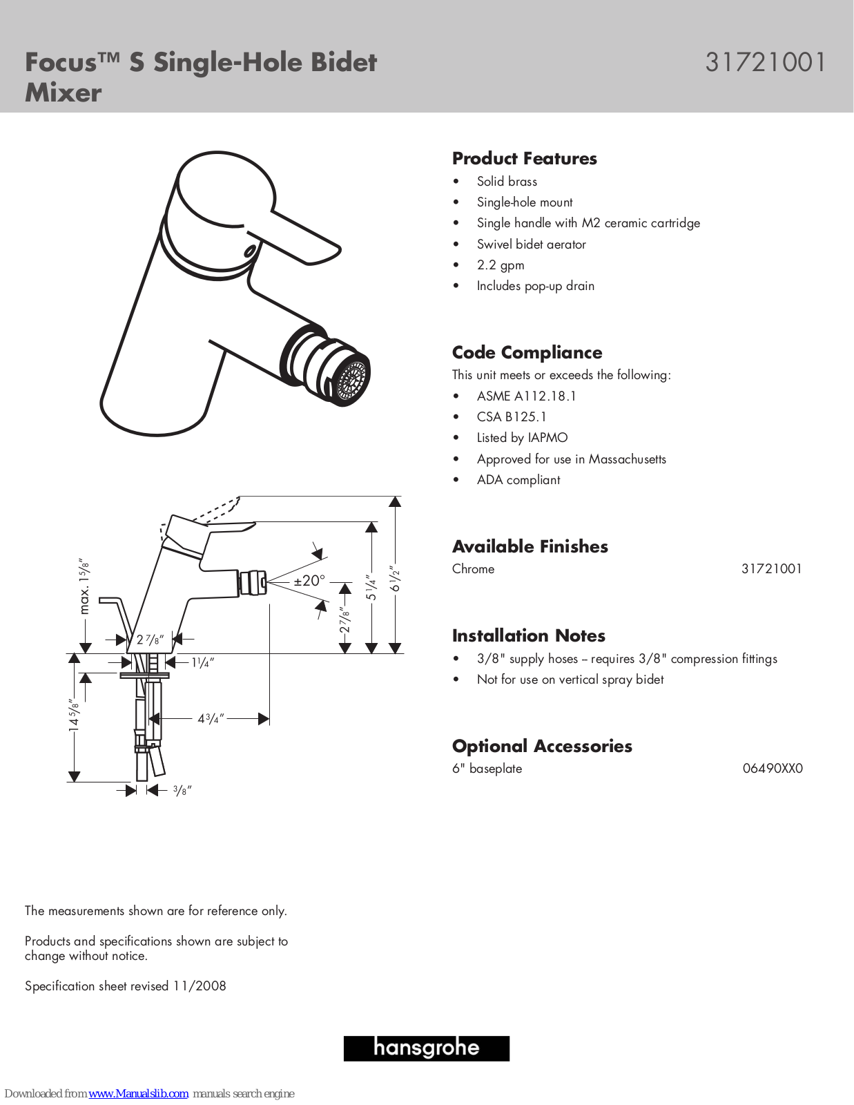 Grohe 06490XX0, Focus 31721001 Specification Sheet