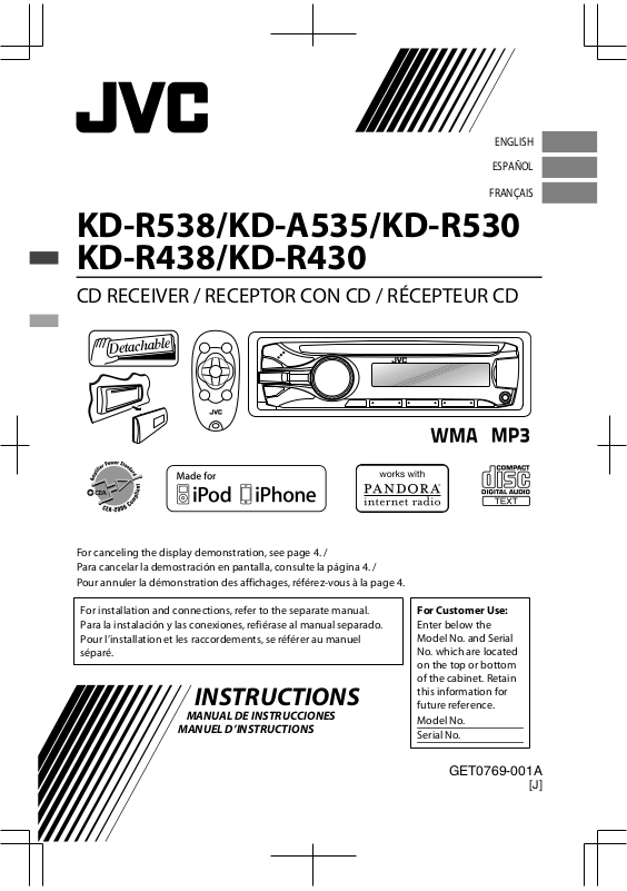 JVC KDR530, KDA535, KDR430, KDR438, KDR538 User Manual