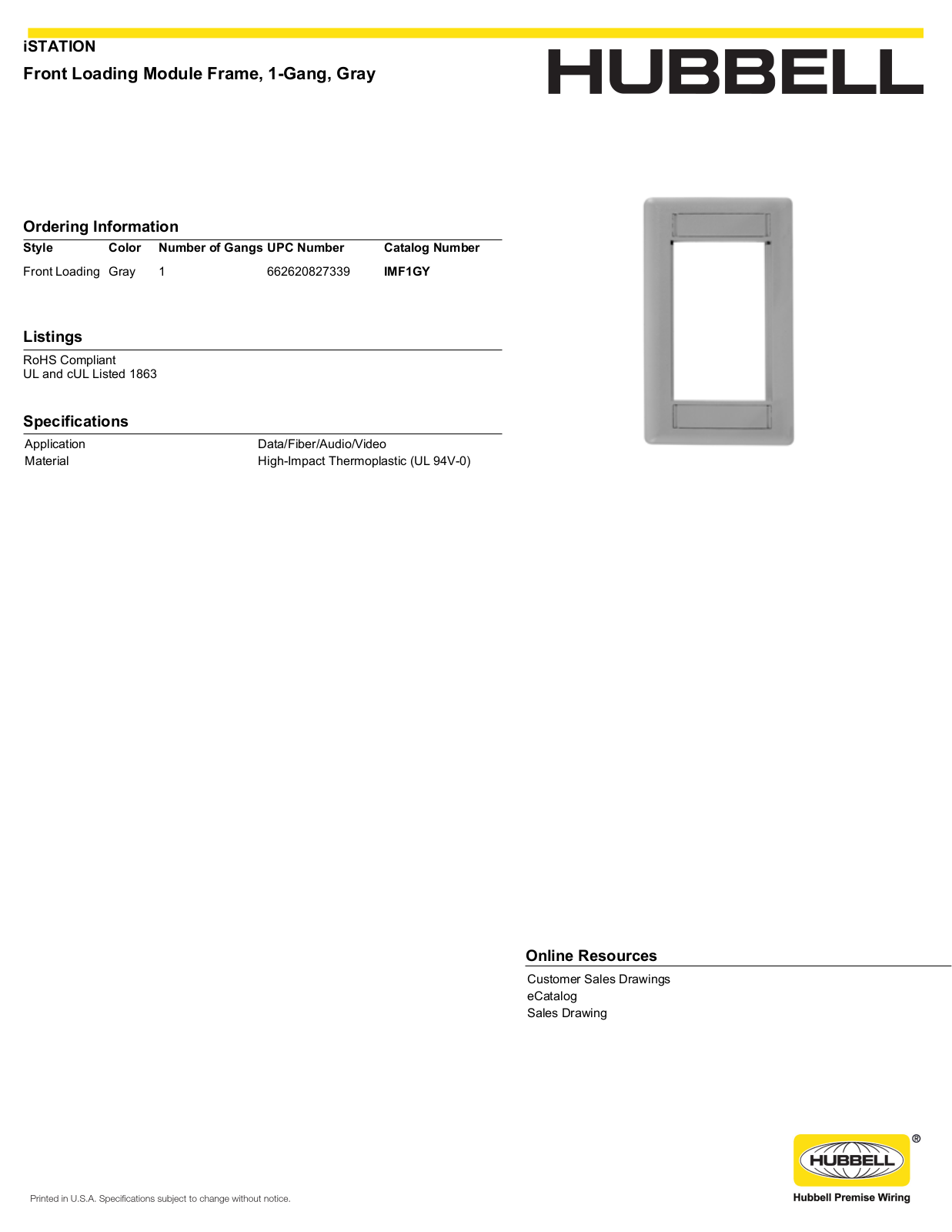 Hubbell IMF1GY Specifications