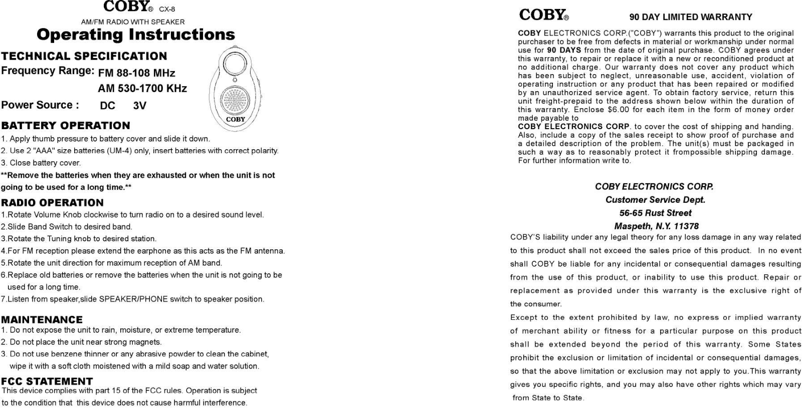 Coby Electronics CX-8 Owners manual