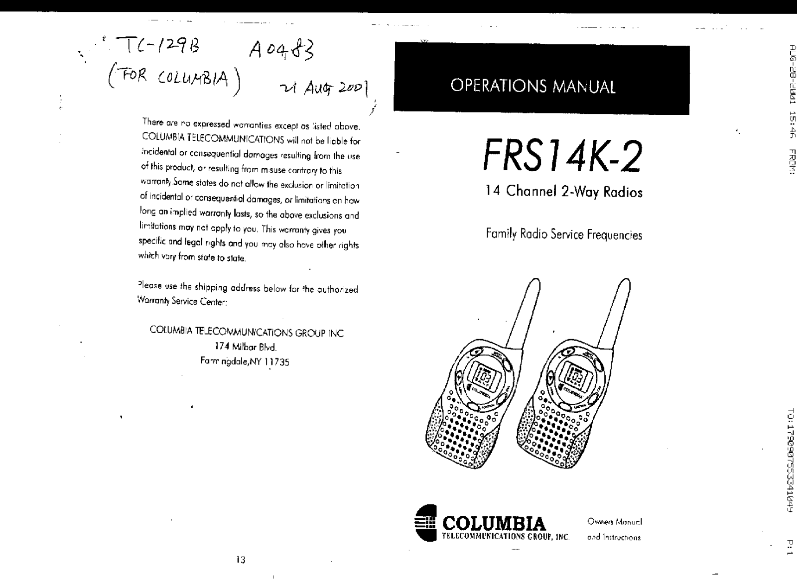 Columbia Telecommunications Group FRS14K Users Manual