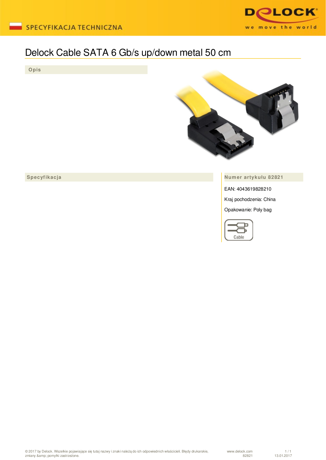 DeLOCK SATA cable yellow 0.7m metal User Manual