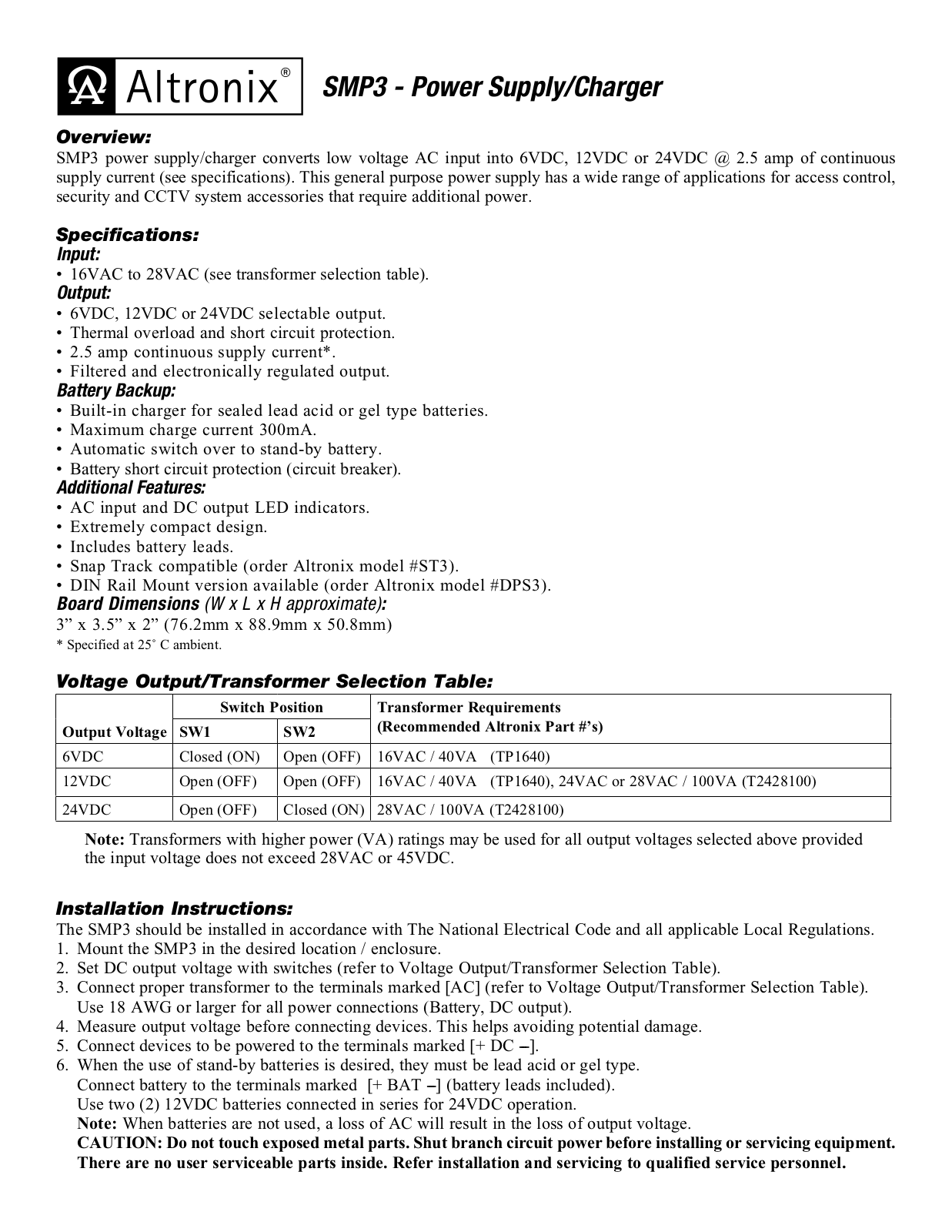 Altronix SMP312CX Installation Instructions