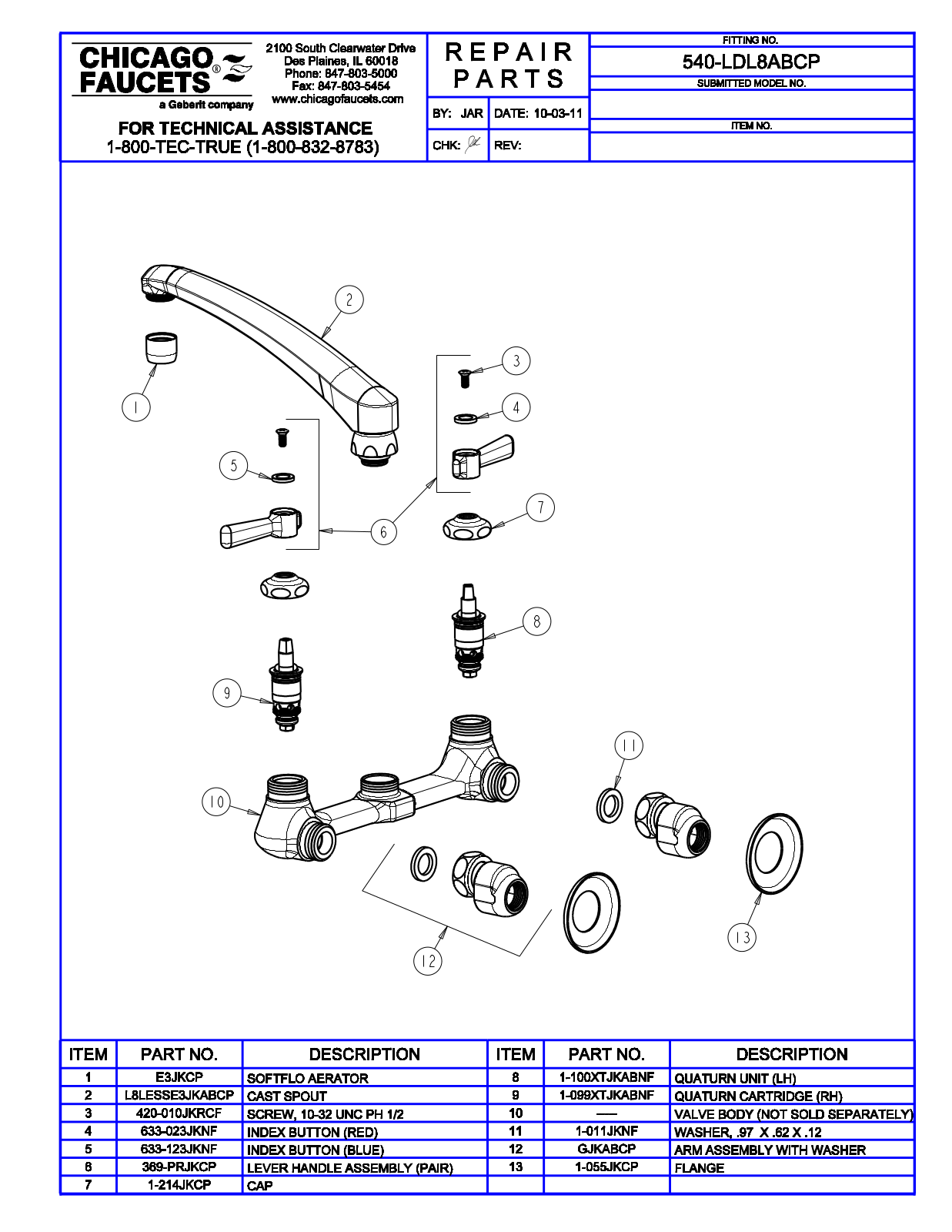 Chicago Faucet 540-LDL8ABCP Parts List