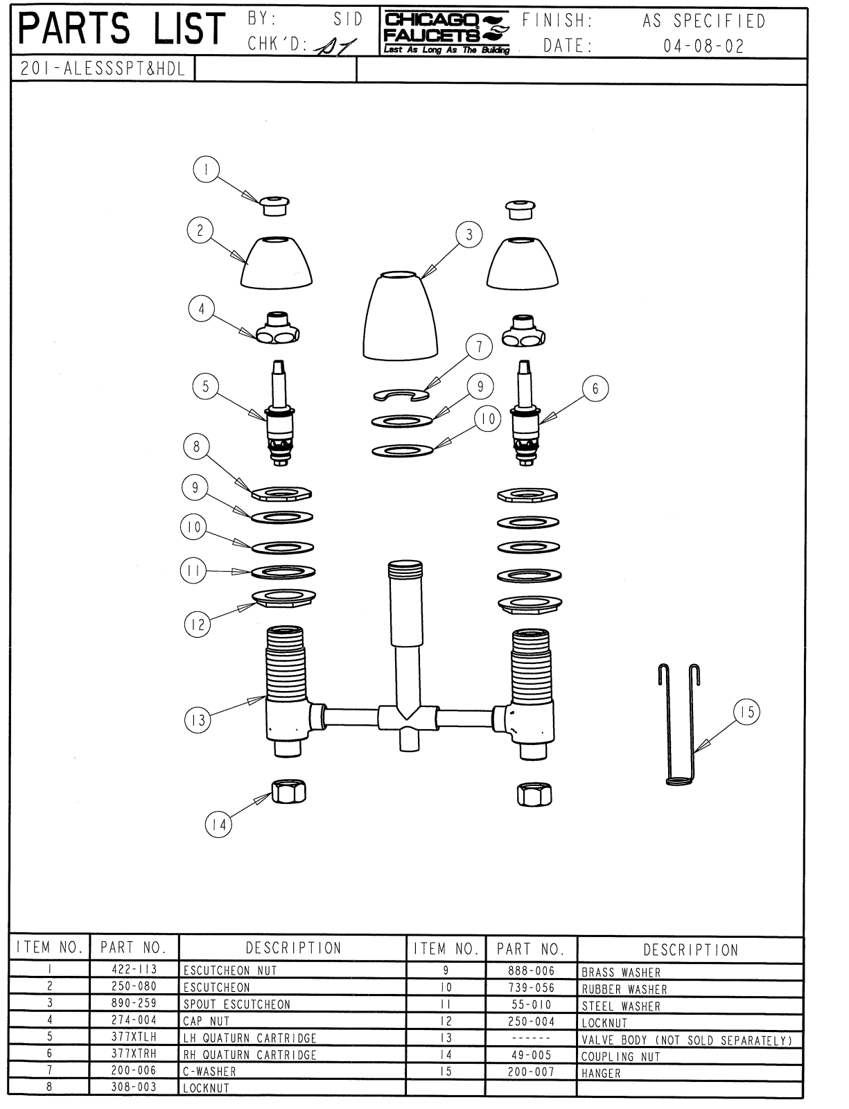 Chicago Faucet 201-HDL Parts List