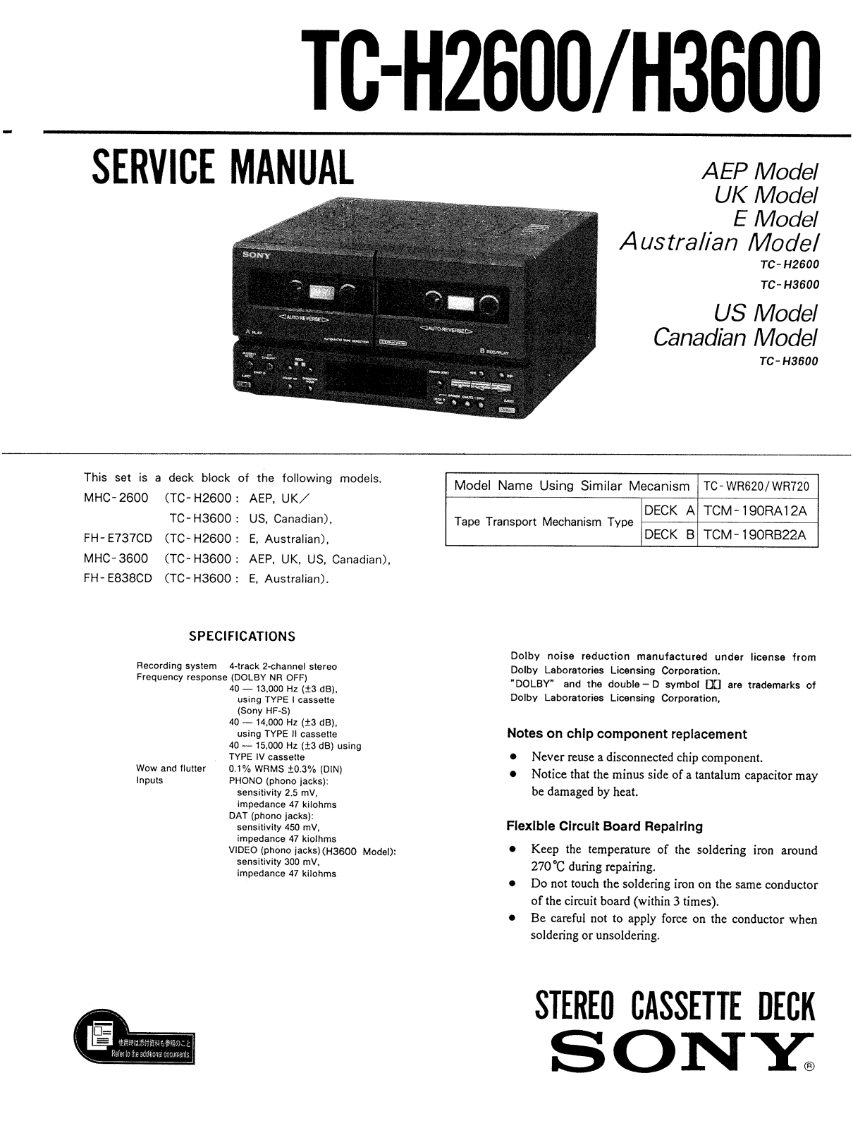 SONY AMP100W, H2600, H3600 Service Manual
