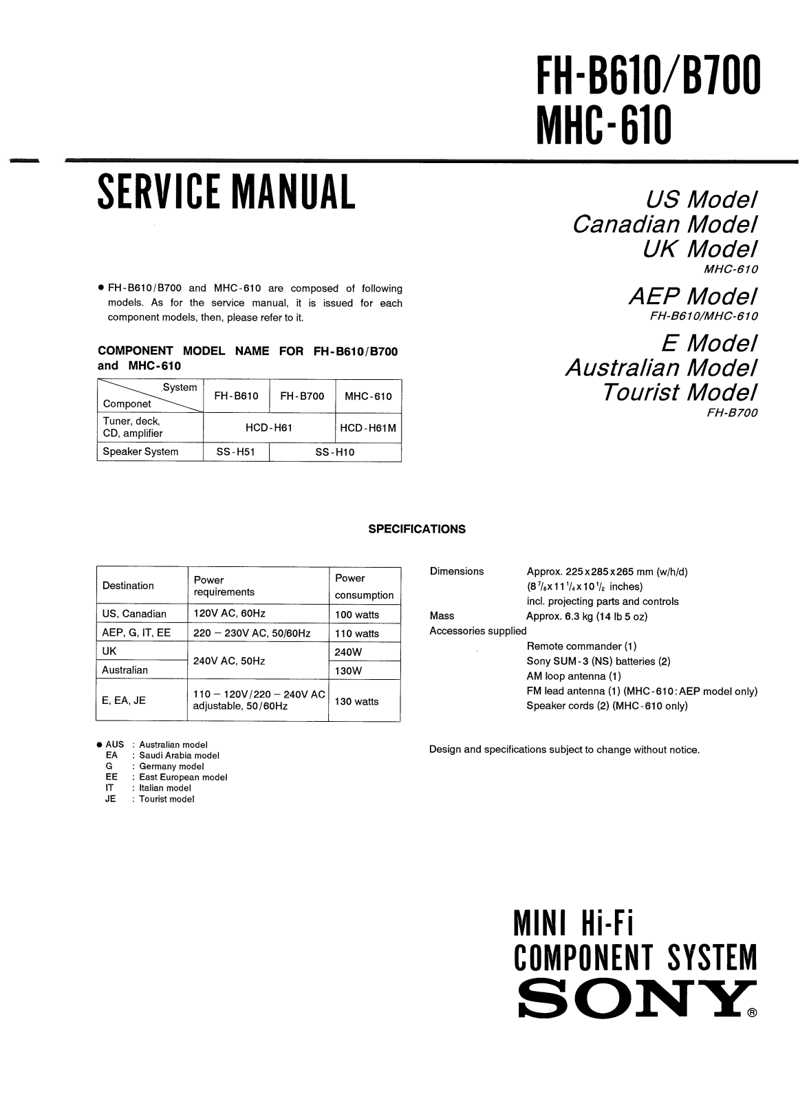 SONY FH-B610, FH-B700, MHC-610 SERVICE MANUAL