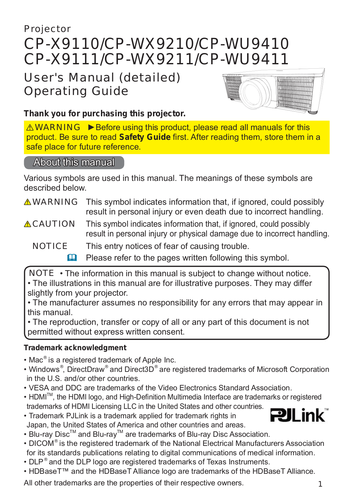 Hitachi CP-X9111, CP-X9110, CP-WX9211, CP-WX9210, CP-WU9411 User Manual