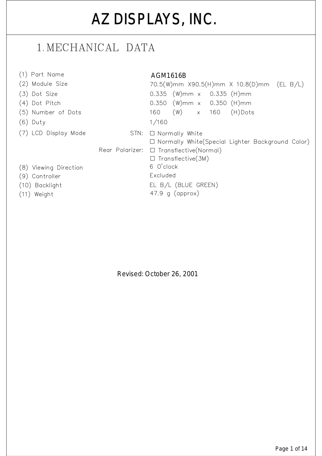 AZDIS AGM1616B-FEYBS-T, AGM1616B-FEYBD-T, AGM1616B-FEGBS-T, AGM1616B-FEFBS-T, AGM1616B-FEFBD-T Datasheet