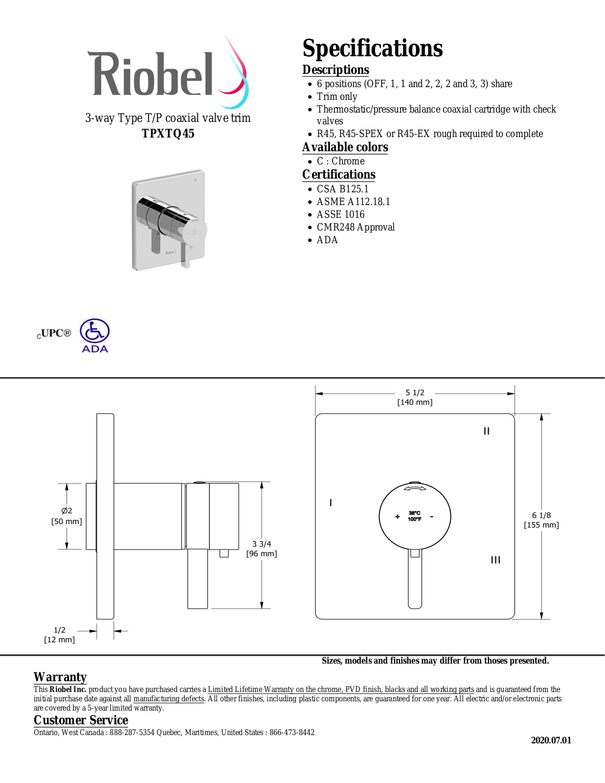 Riobel TPXTQ45BG, TPXTQ45C Specifications - ManualMachine.com