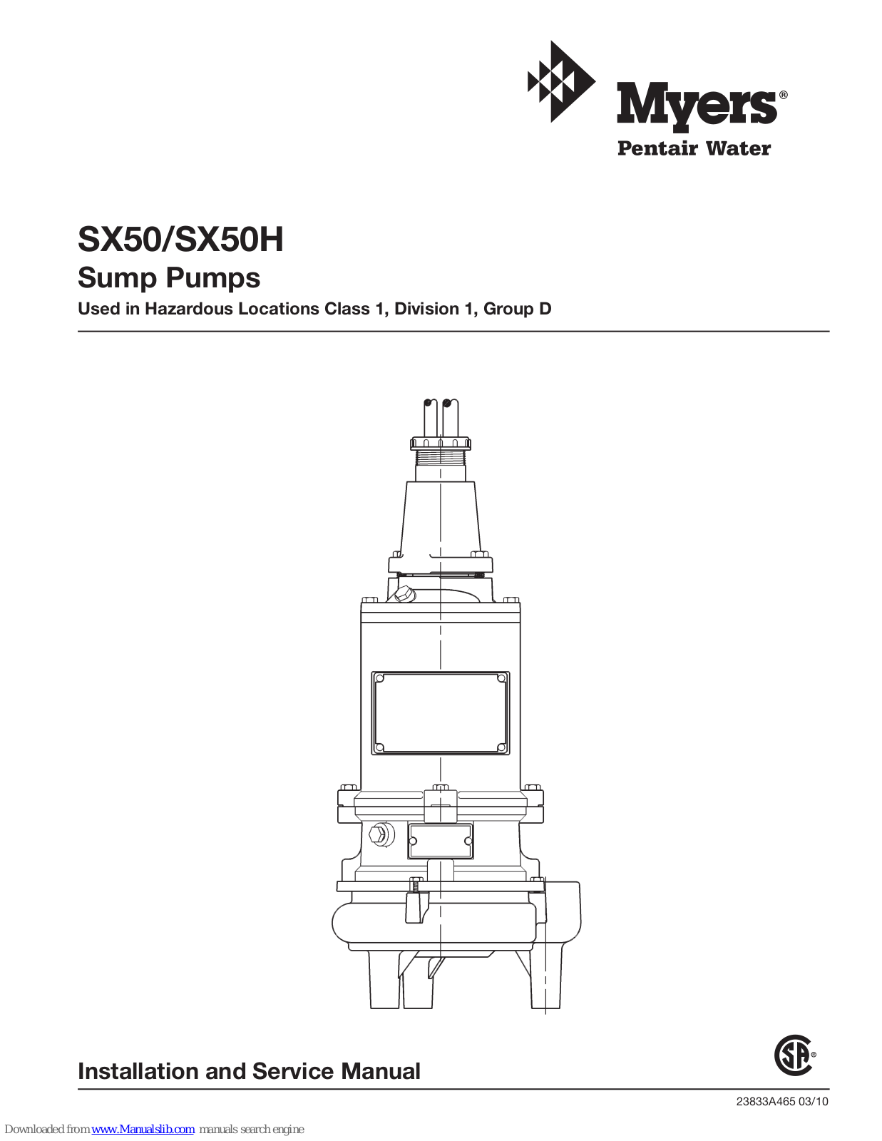 MYERS SX50H, SX50-21, SX50H-21, SX50-23, SX50H-23 Installation And Service Manual