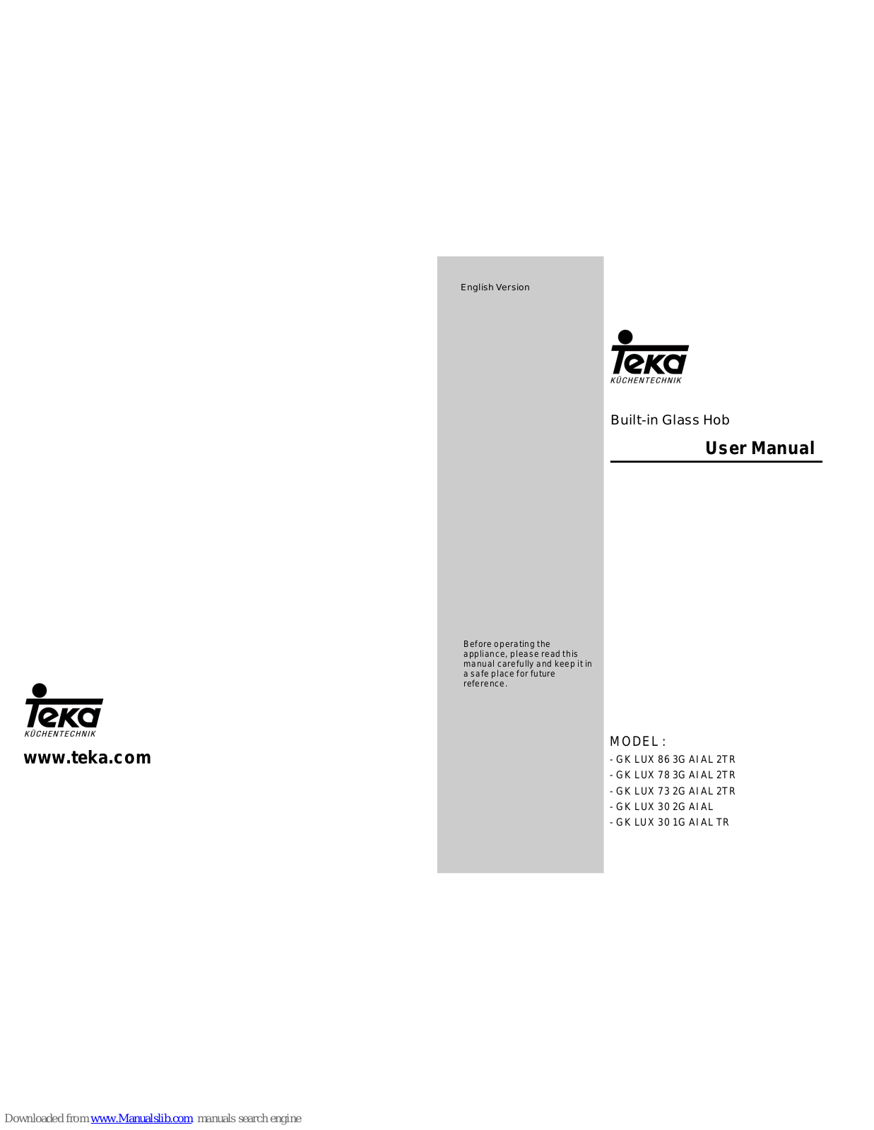 Teka GK LUX 86 3G AI AL 2TR, GK LUX 78 3G AI AL 2TR, GK LUX 73 2G AI AL 2TR, GK LUX 30 2G AI AL, GK LUX 30 1G AI AL TR User Manual