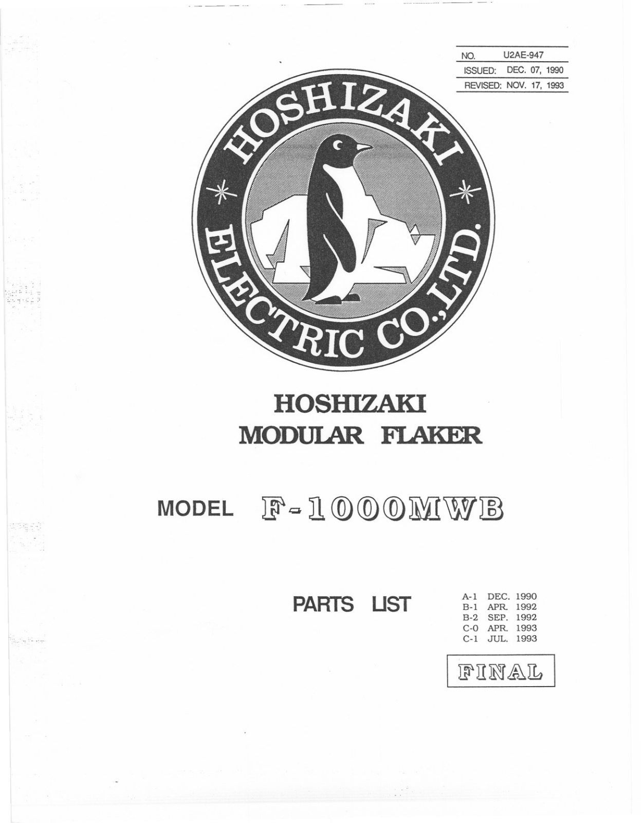 Hoshizaki F-1000MWB Parts Manual