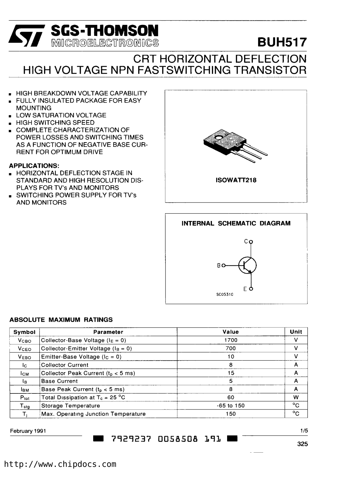 SGS Thomson Microelectronics BUH517 Datasheet