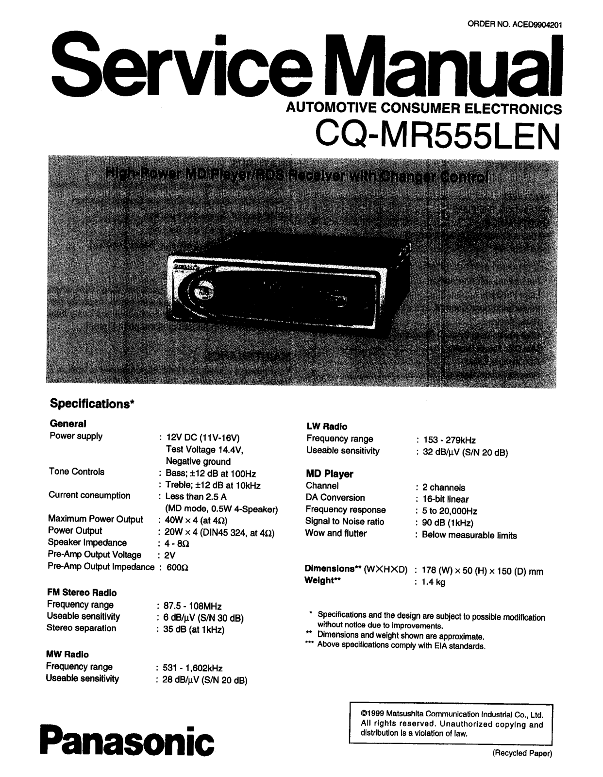 Panasonic CQMR-555 Service manual