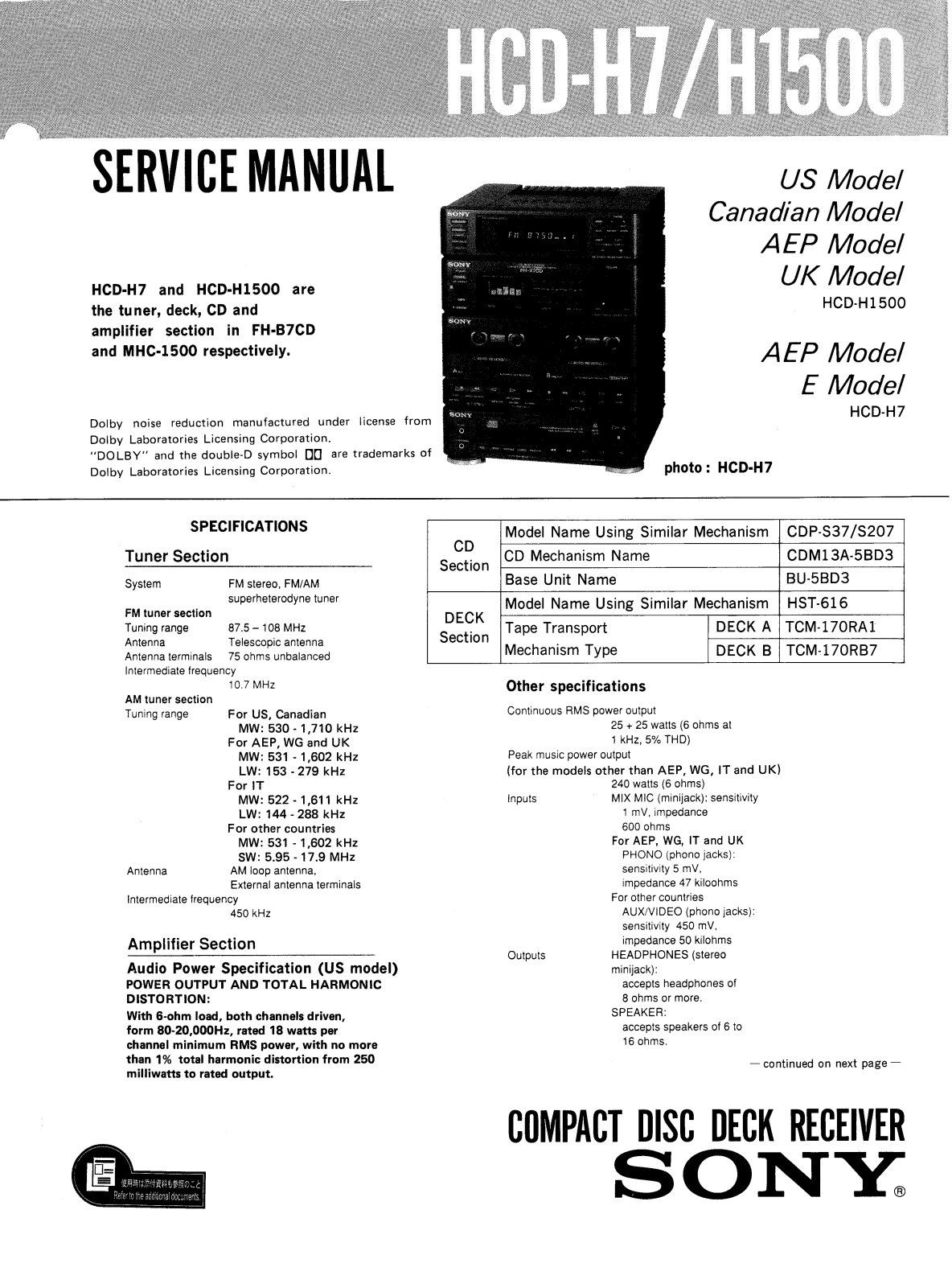 Sony HCDH-7 Service manual