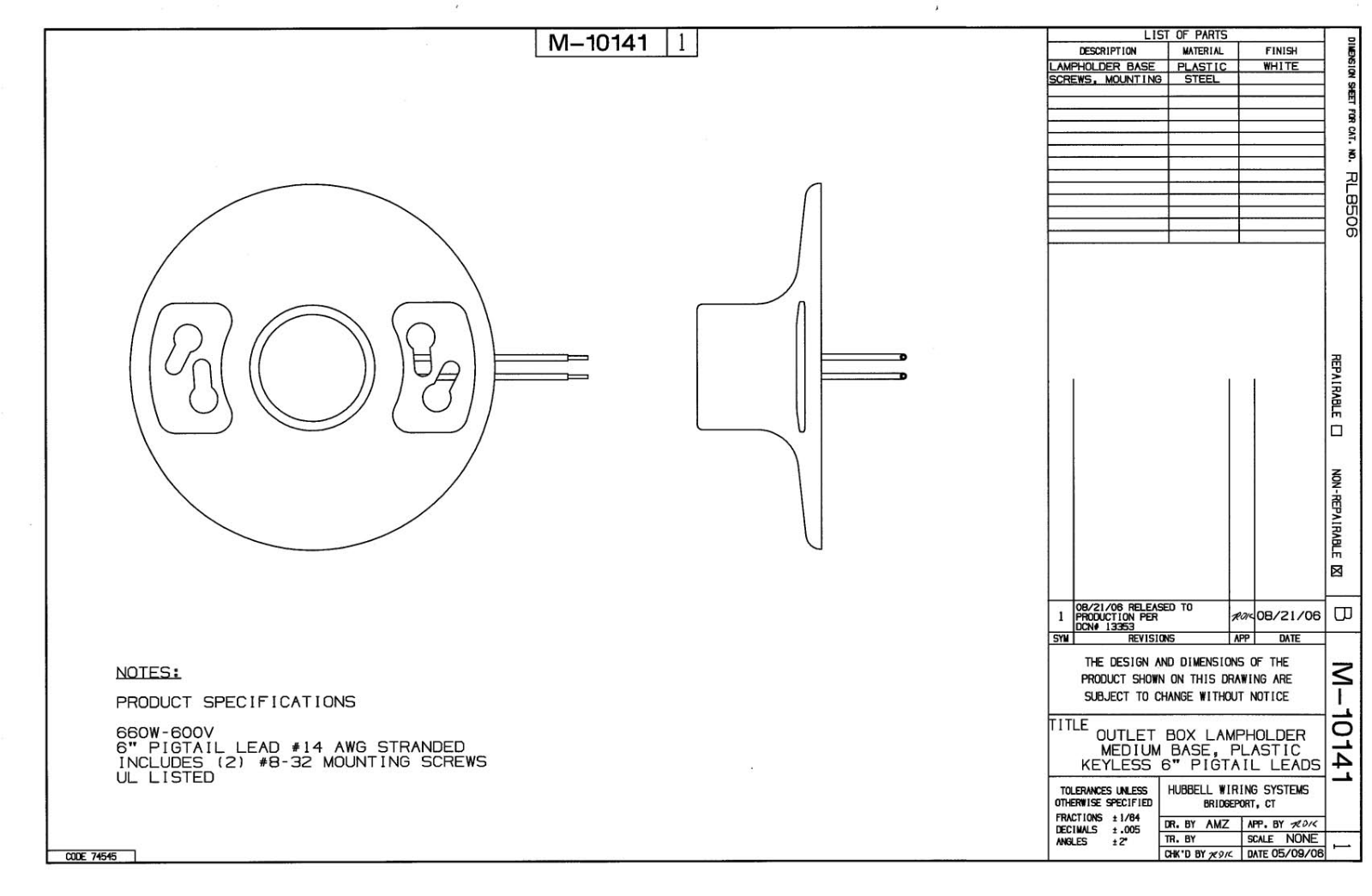 Hubbell RL8506 Reference Drawing