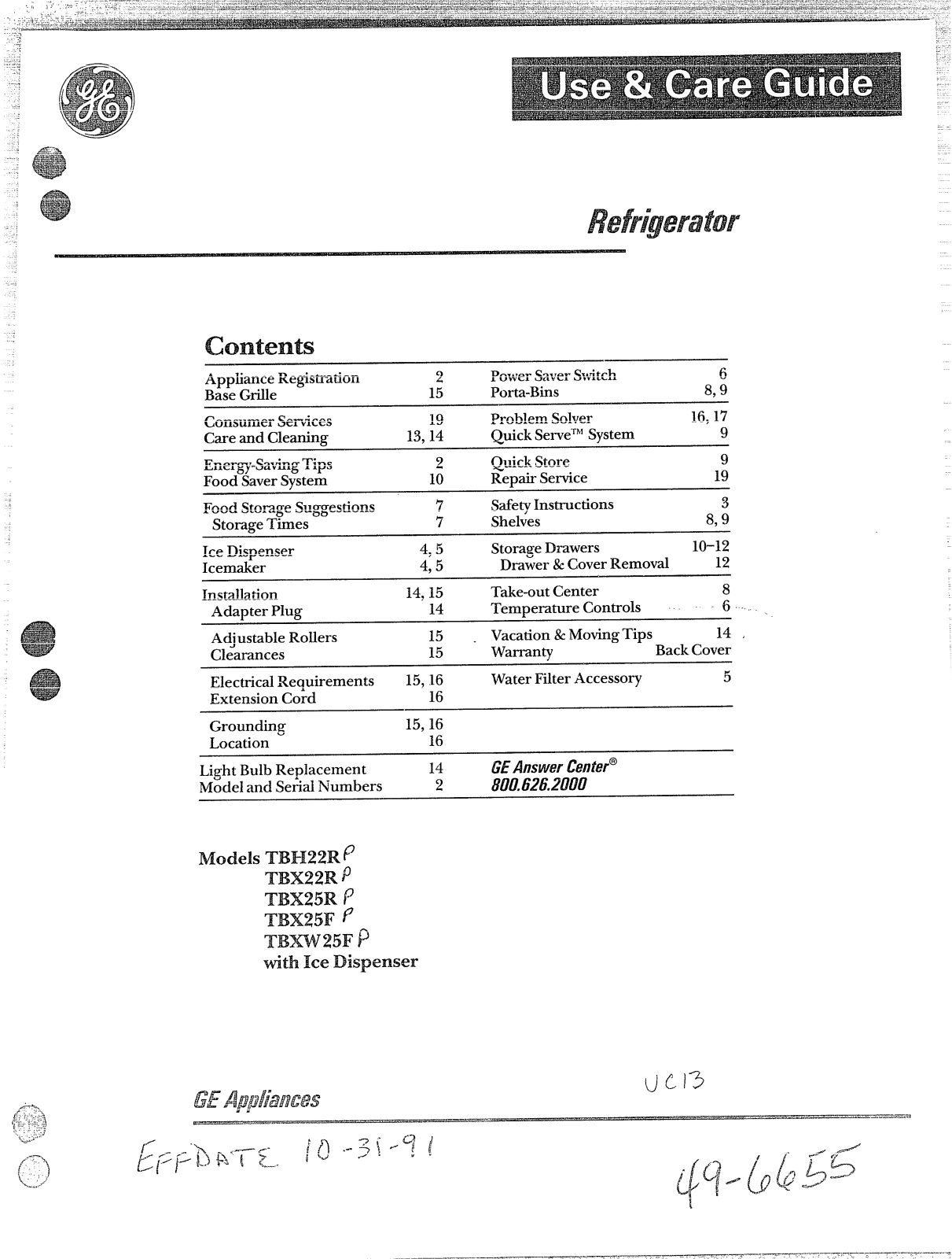 GE TBH22RP, TBX22RP, TBX25RP, TBX25FP, TBXW25FP Use and Care Manual