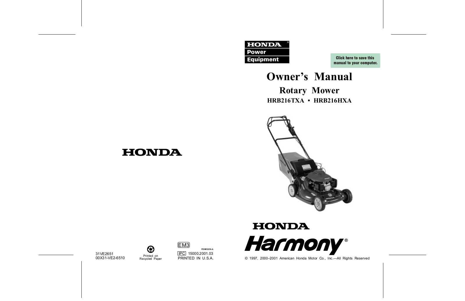 Honda Automobiles HRB216HXA, HRB216TXA User Manual