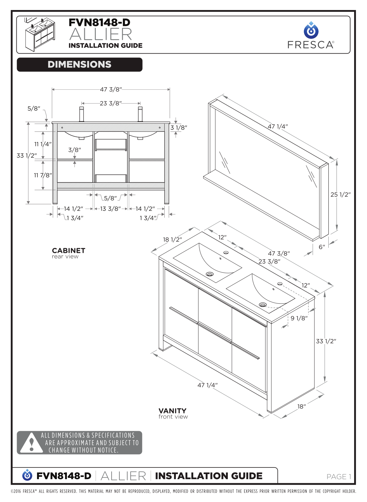 Fresca FVN8148WHD Installation Manual