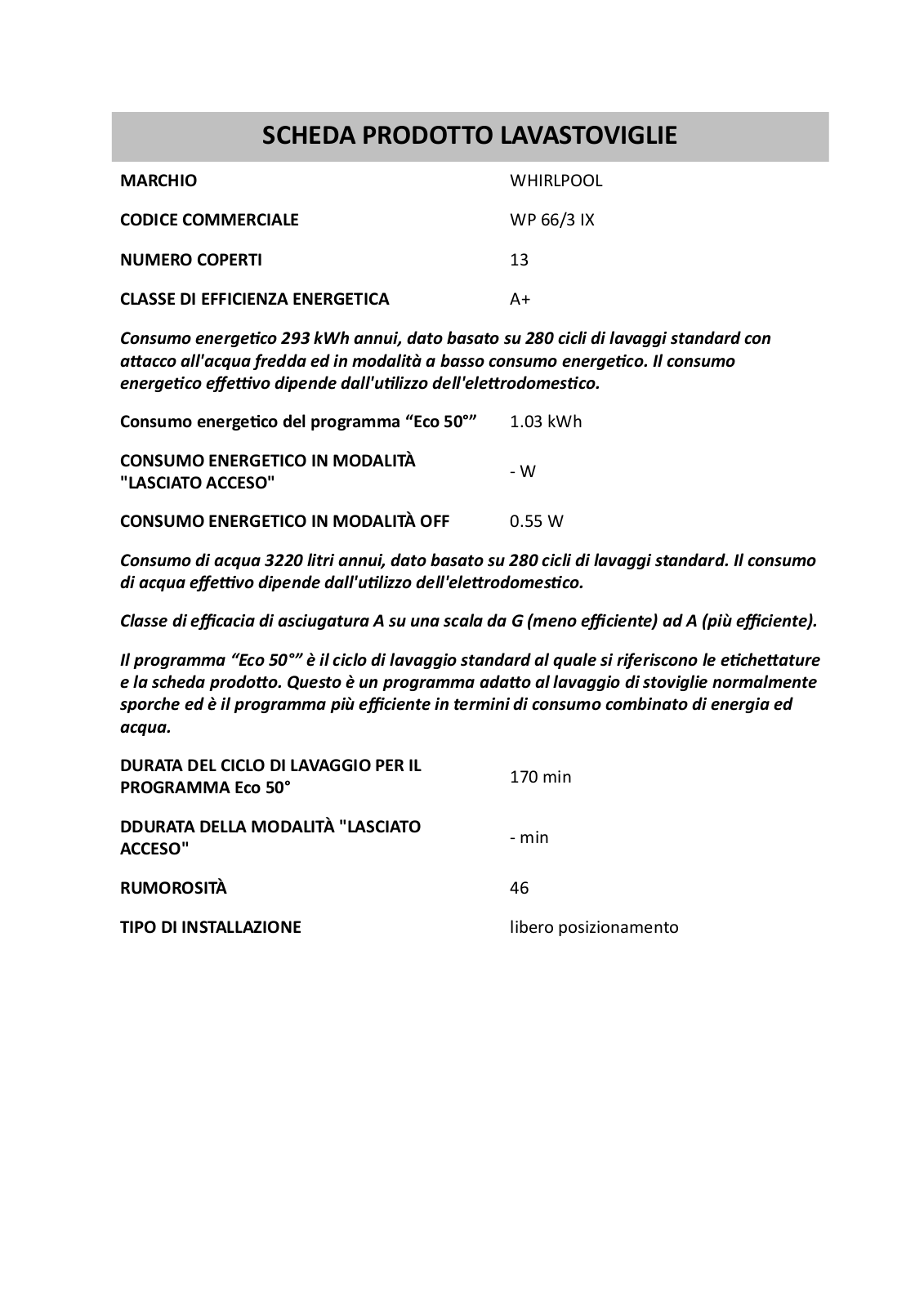 Whirlpool WP 66/3 IX PRODUCT SHEET