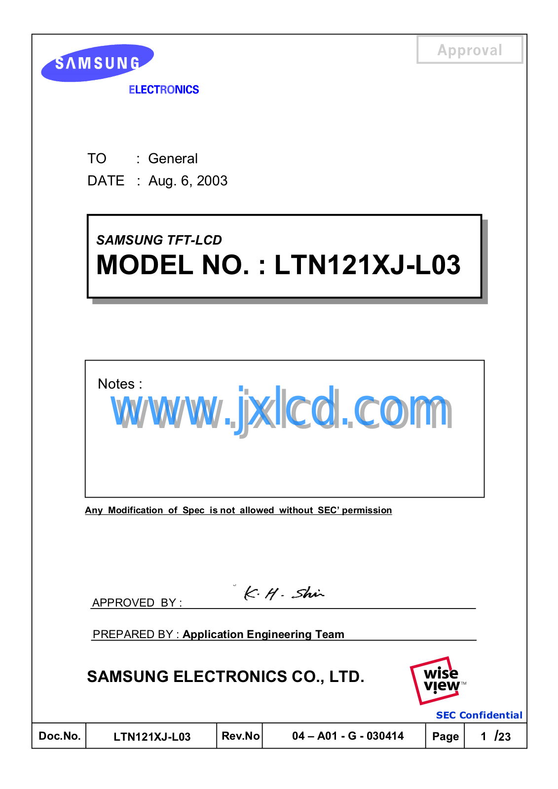 Samsung LTN-121XJ-L03 Datasheet