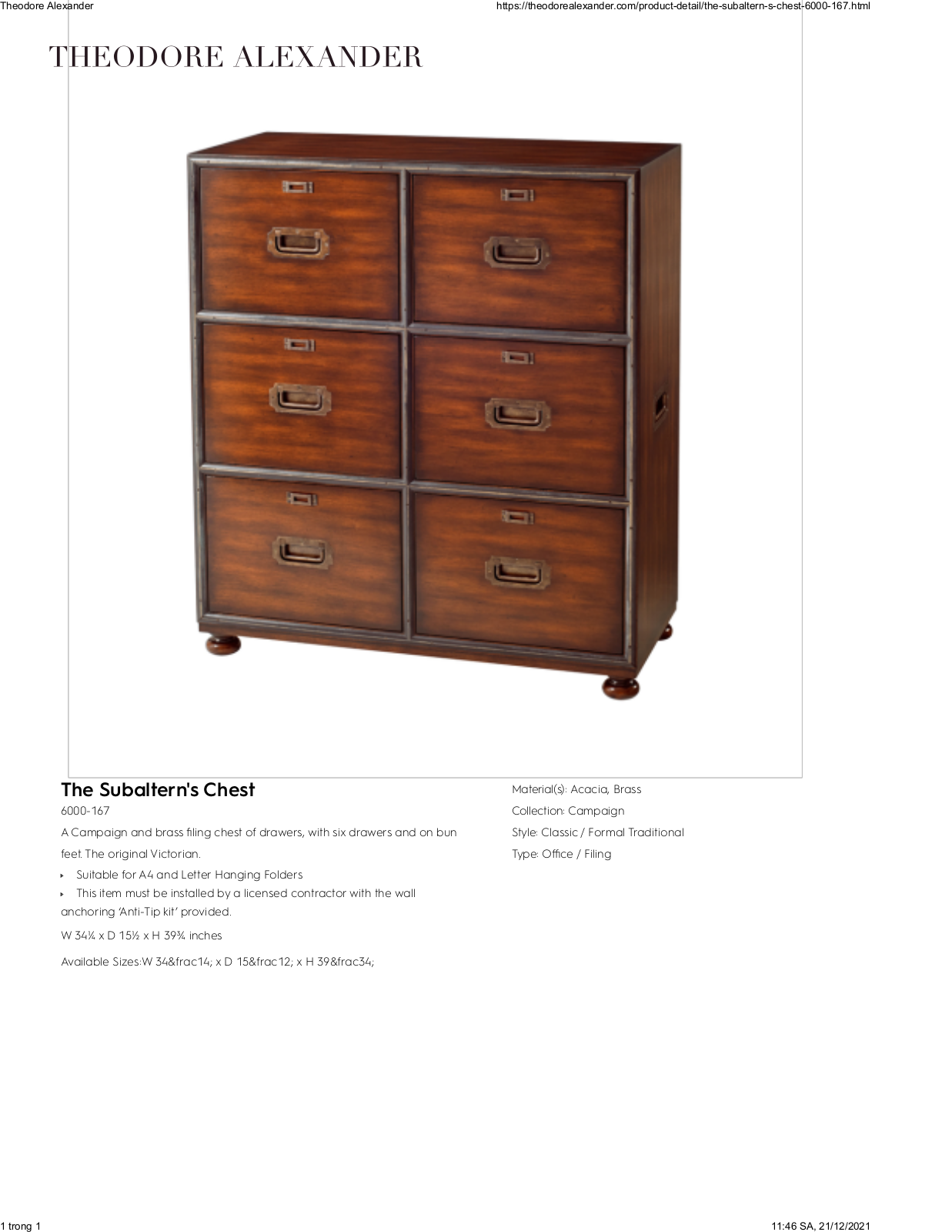 Theodore Alexander FPLJ1284 Specifications - ManualMachine.com