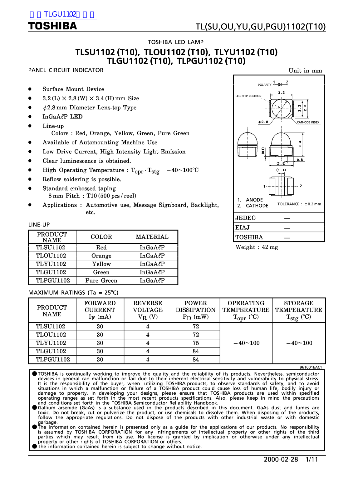 TOSHIBA TLSU1102, TLOU1102, TLYU1102, TLGU1102, TLPGU1102 Technical data