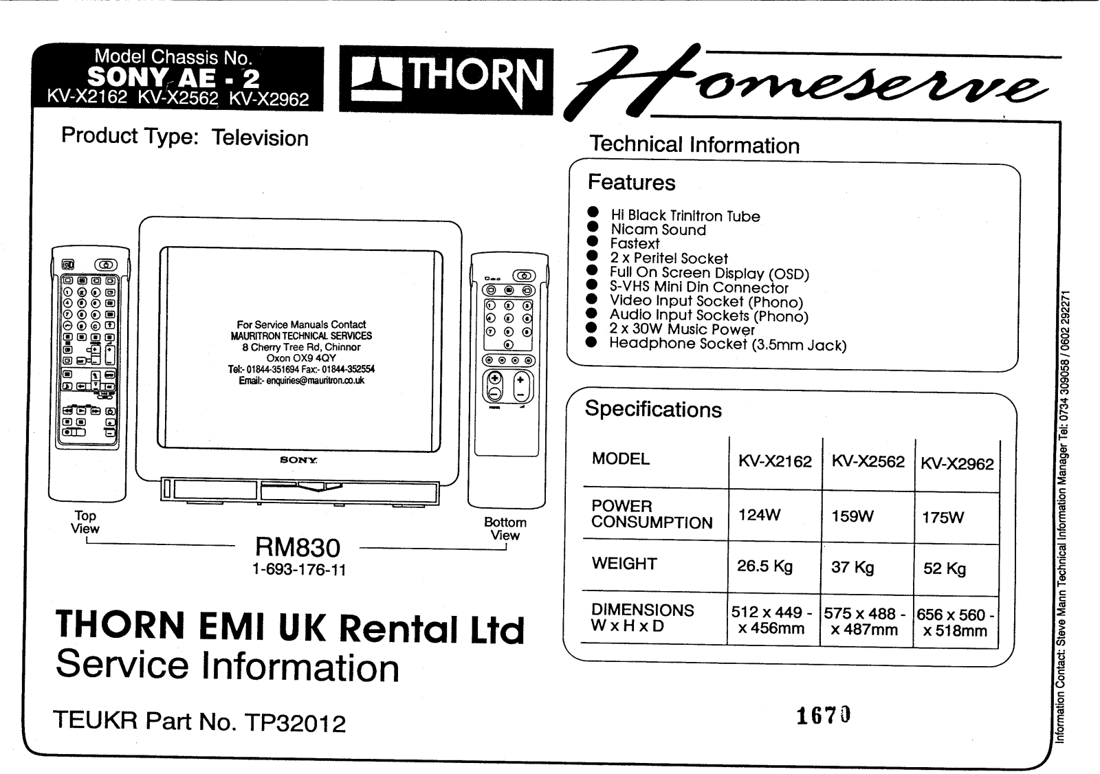 SONY KV-X2162, KV-X2562, KV-X2962 Service Information