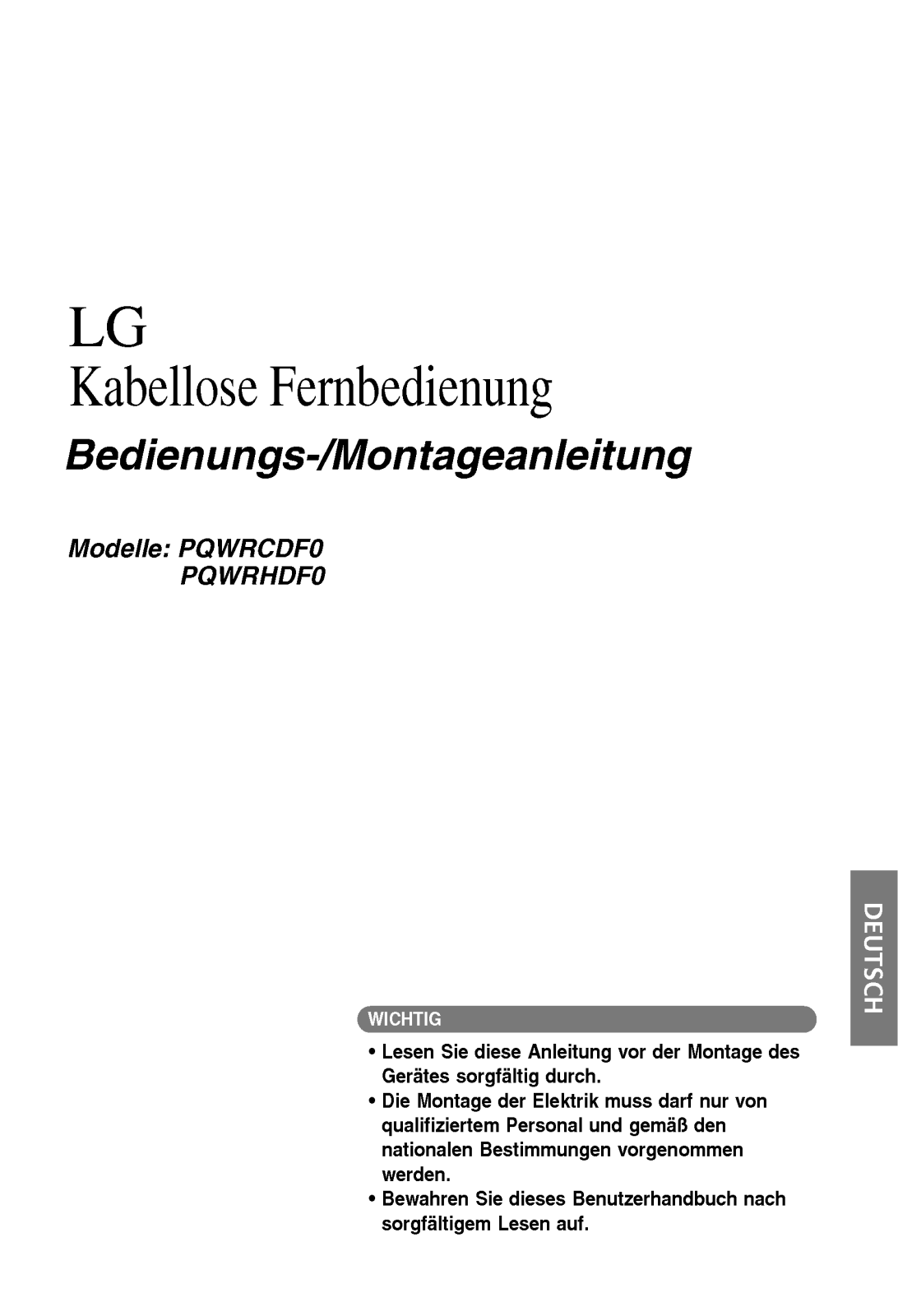 Lg PQWRHDF0, PQWRCDF0 Installation and user Manual