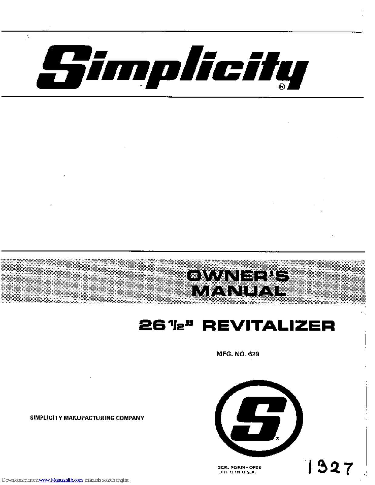 Simplicity REVITALIZER 629 Owner's Manual