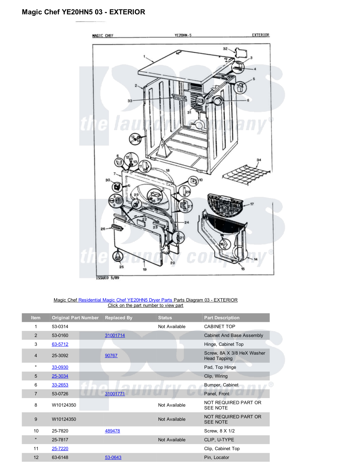 Magic Chef YE20HN5 Parts Diagram