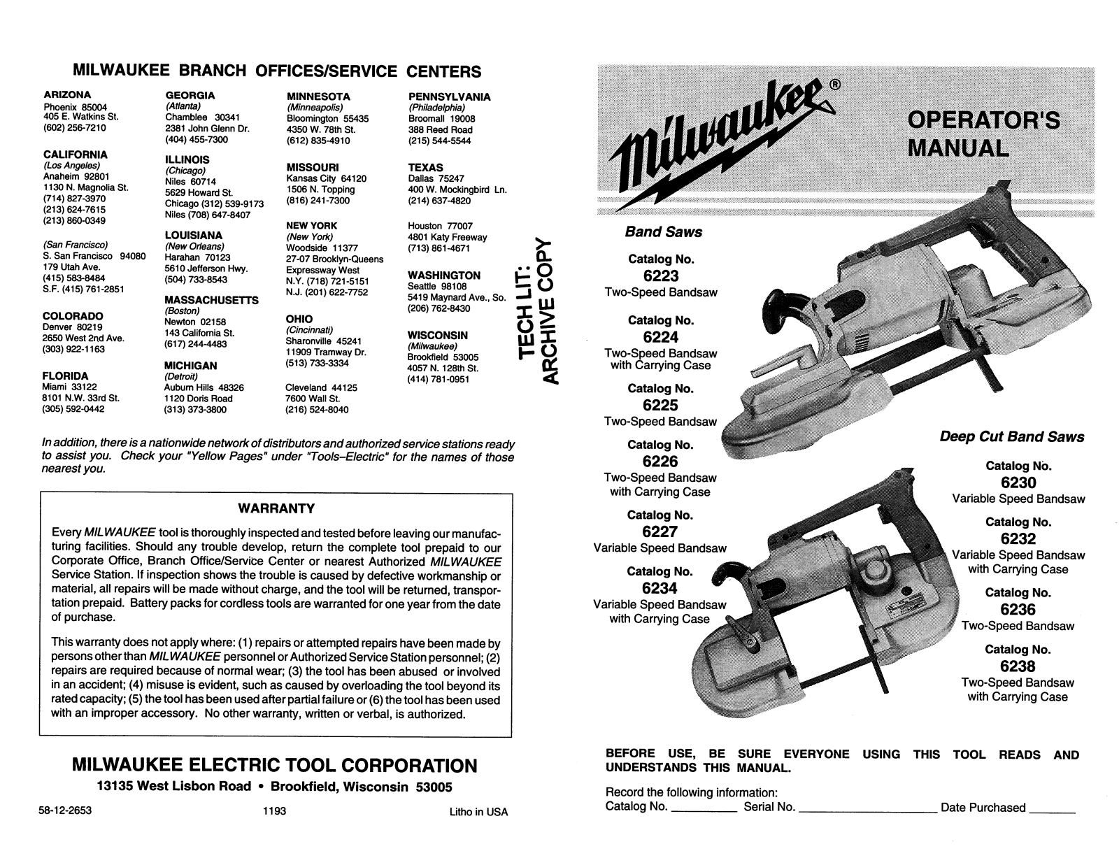MILWAUKEE 6223, 6225, 6230, 6232, 6236 Operators Manual - ManualMachine.com