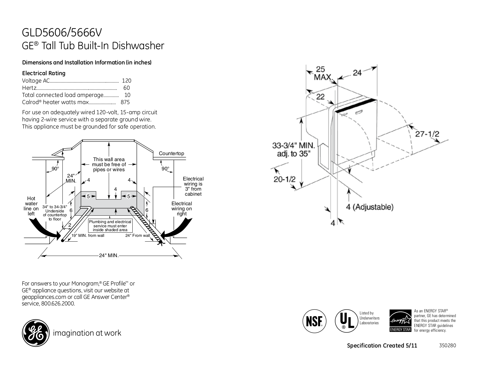 GE GLD5606V, GLD5666V Specification