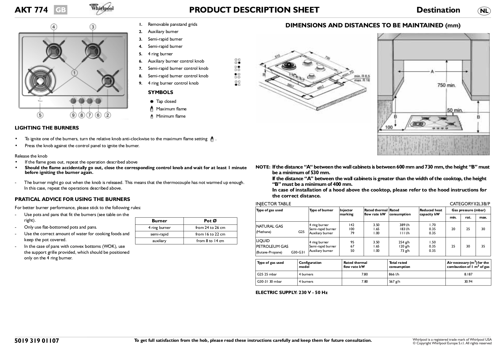 Whirlpool AKT 774 IX INSTRUCTION FOR USE