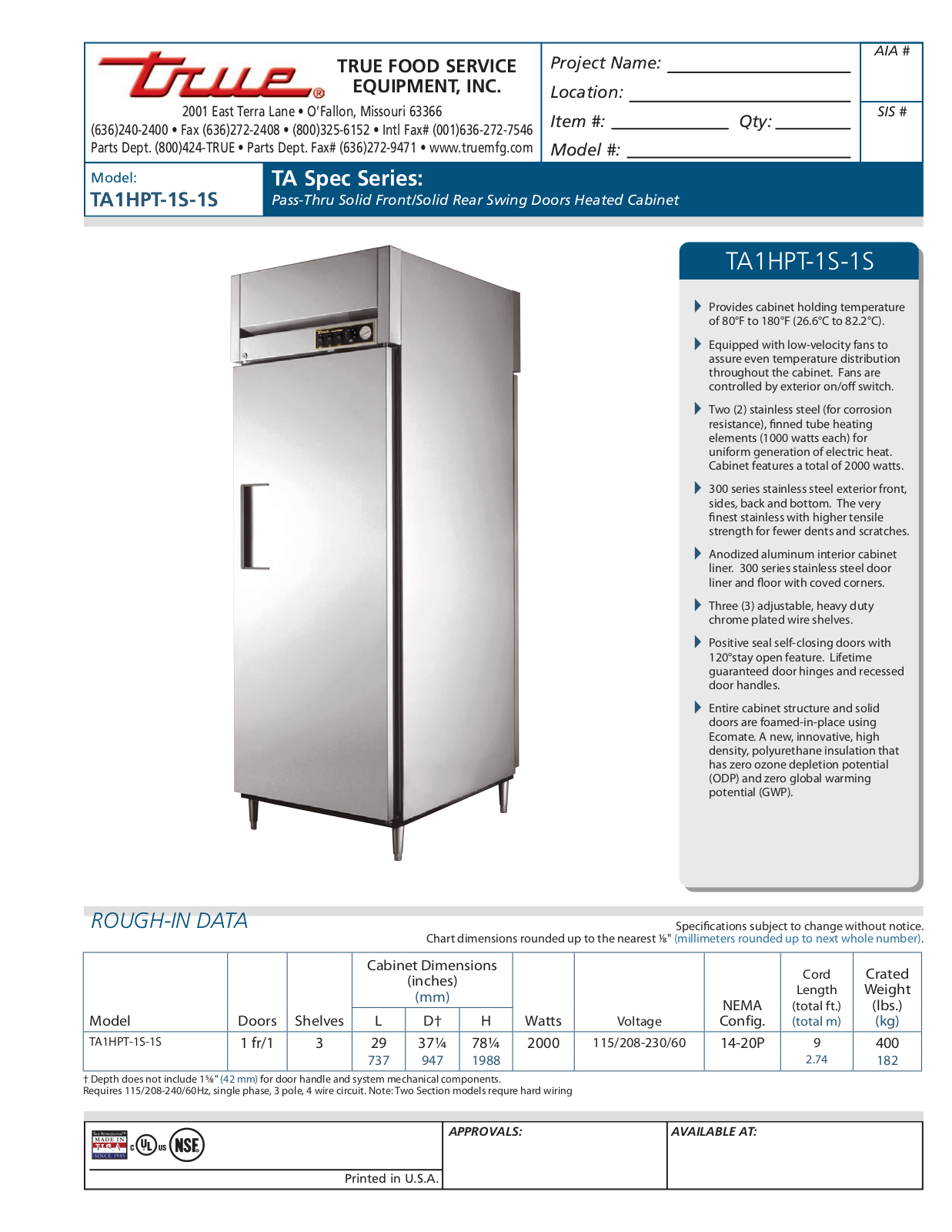 True TA1HPT-1S-1S User Manual