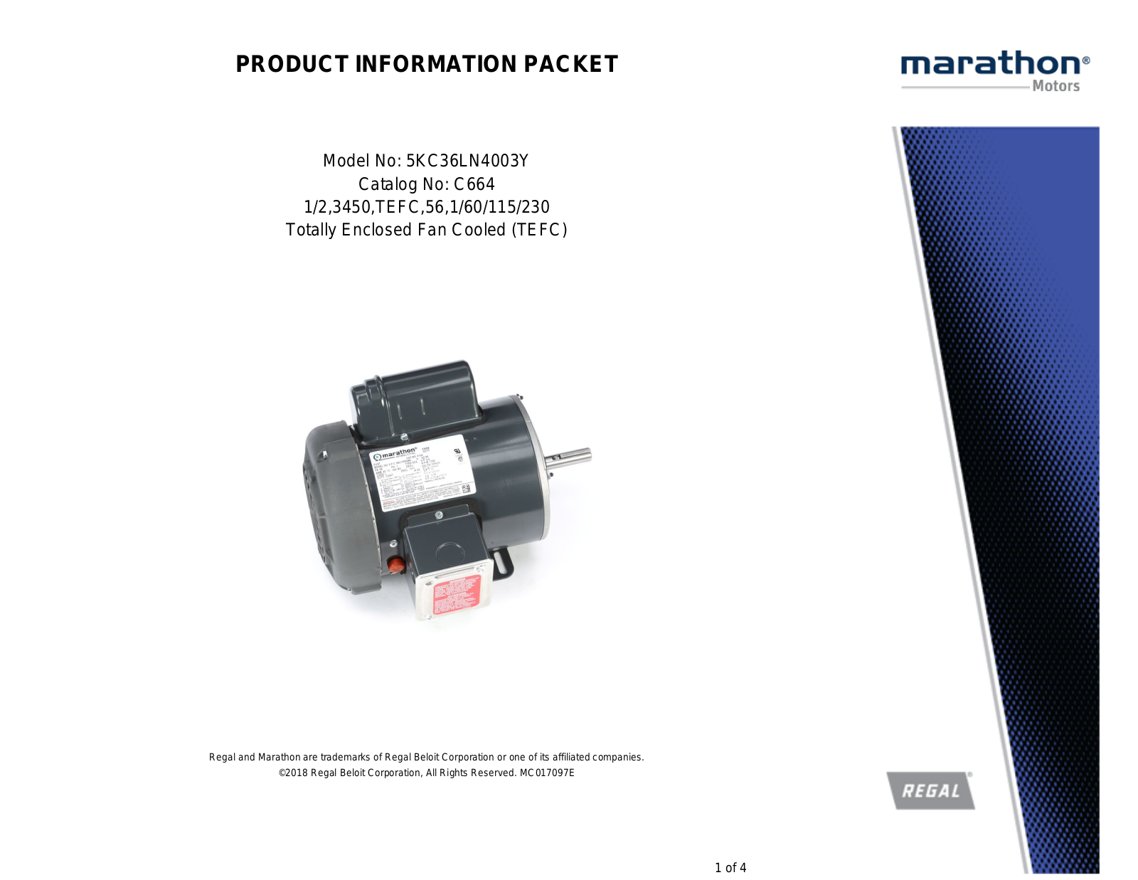 Marathon Electric 5KC36LN4003Y Product Information Packet