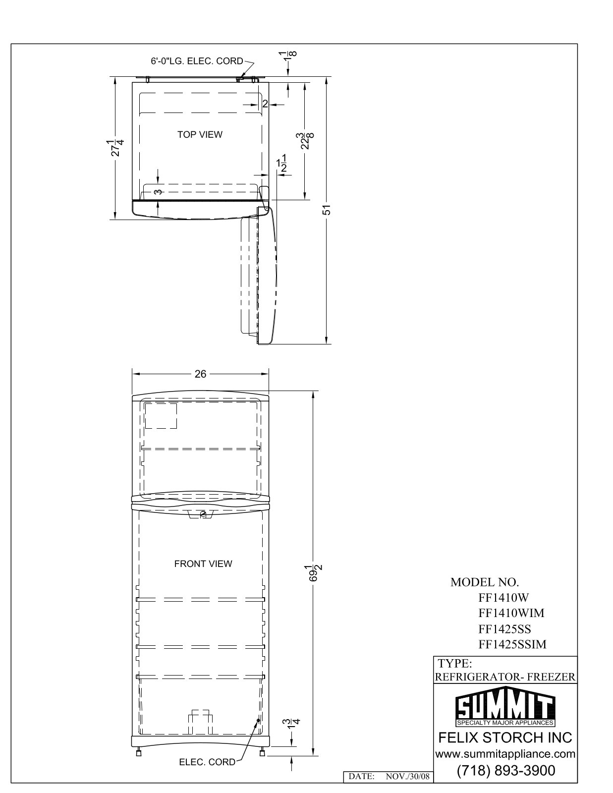 Summit FF1410W, FF1410WIM, FF1425SS, FF1425SSIM Technical Drawings