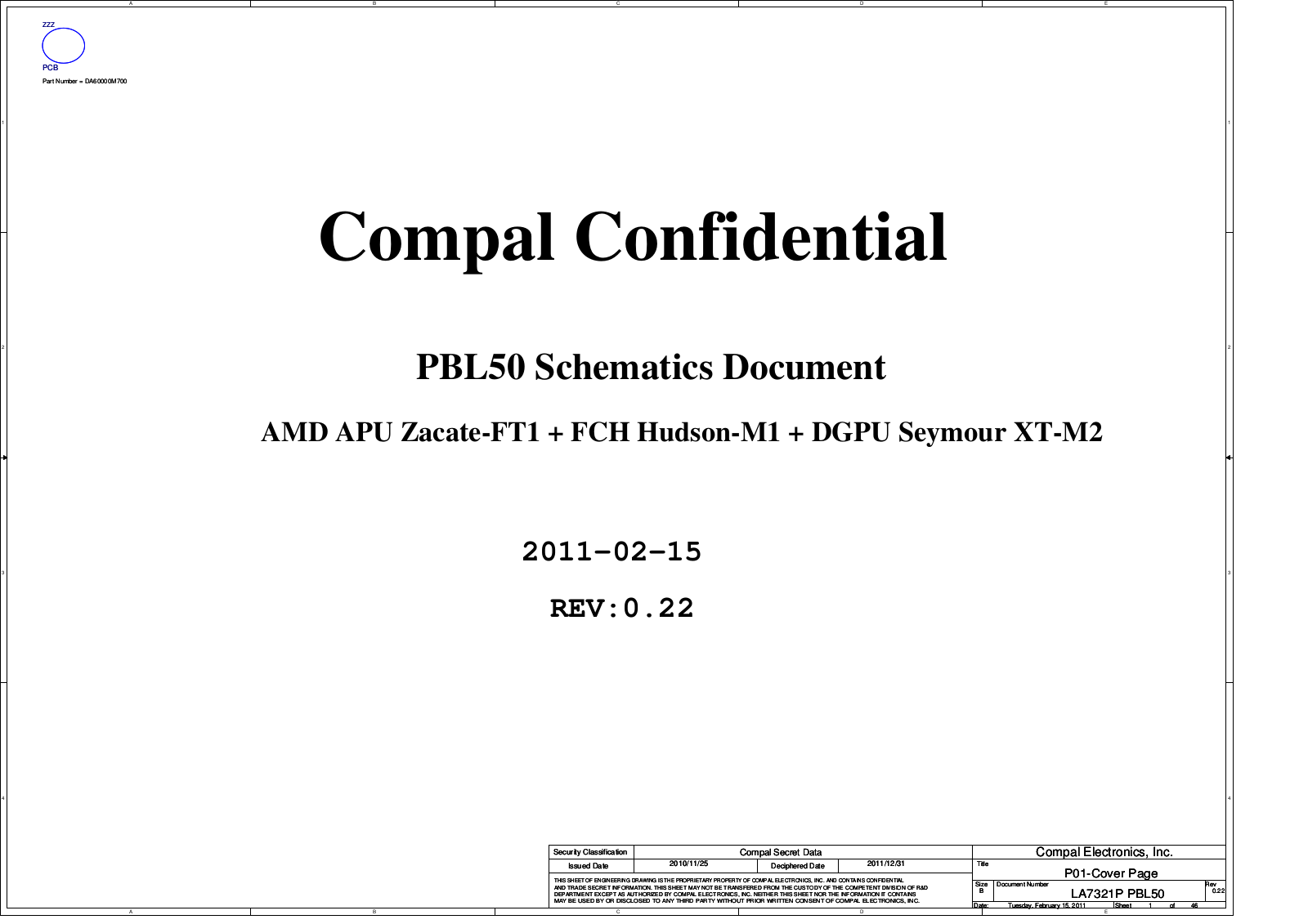Compal LA-7321P PBL50, K43B, K43BR, K43U, K43Y Schematic
