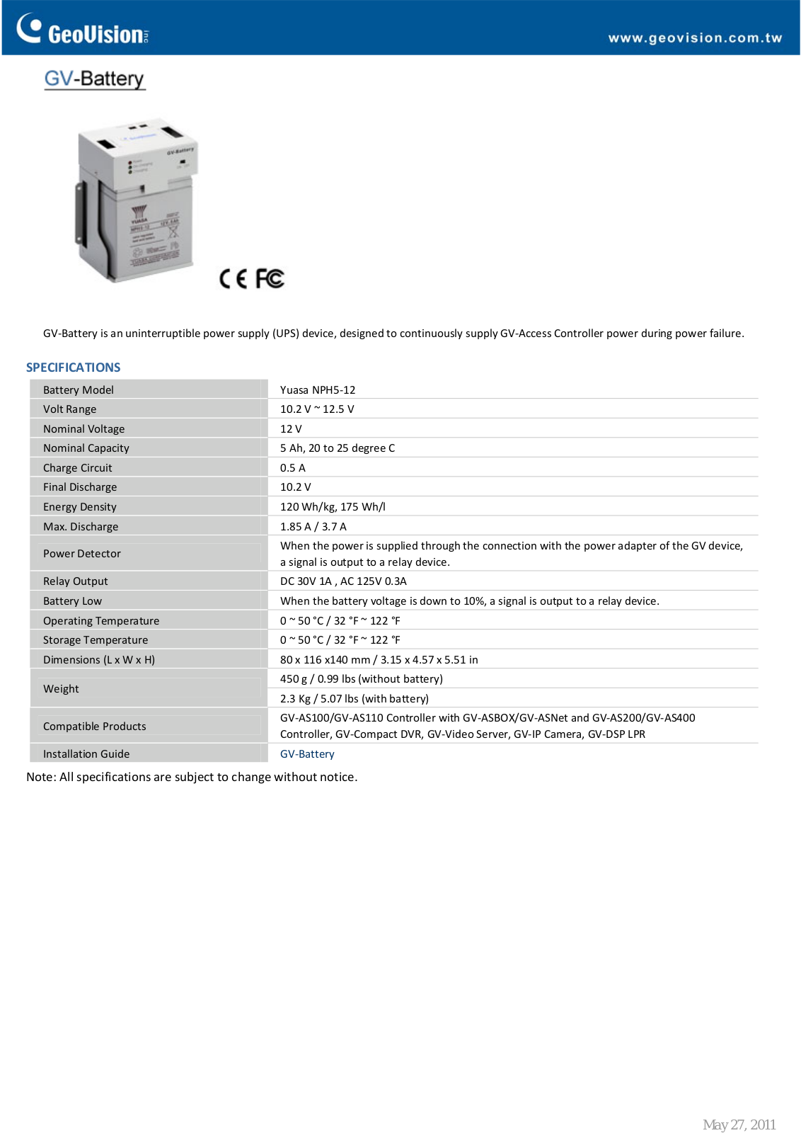 Geovision GV‐Battery Specsheet