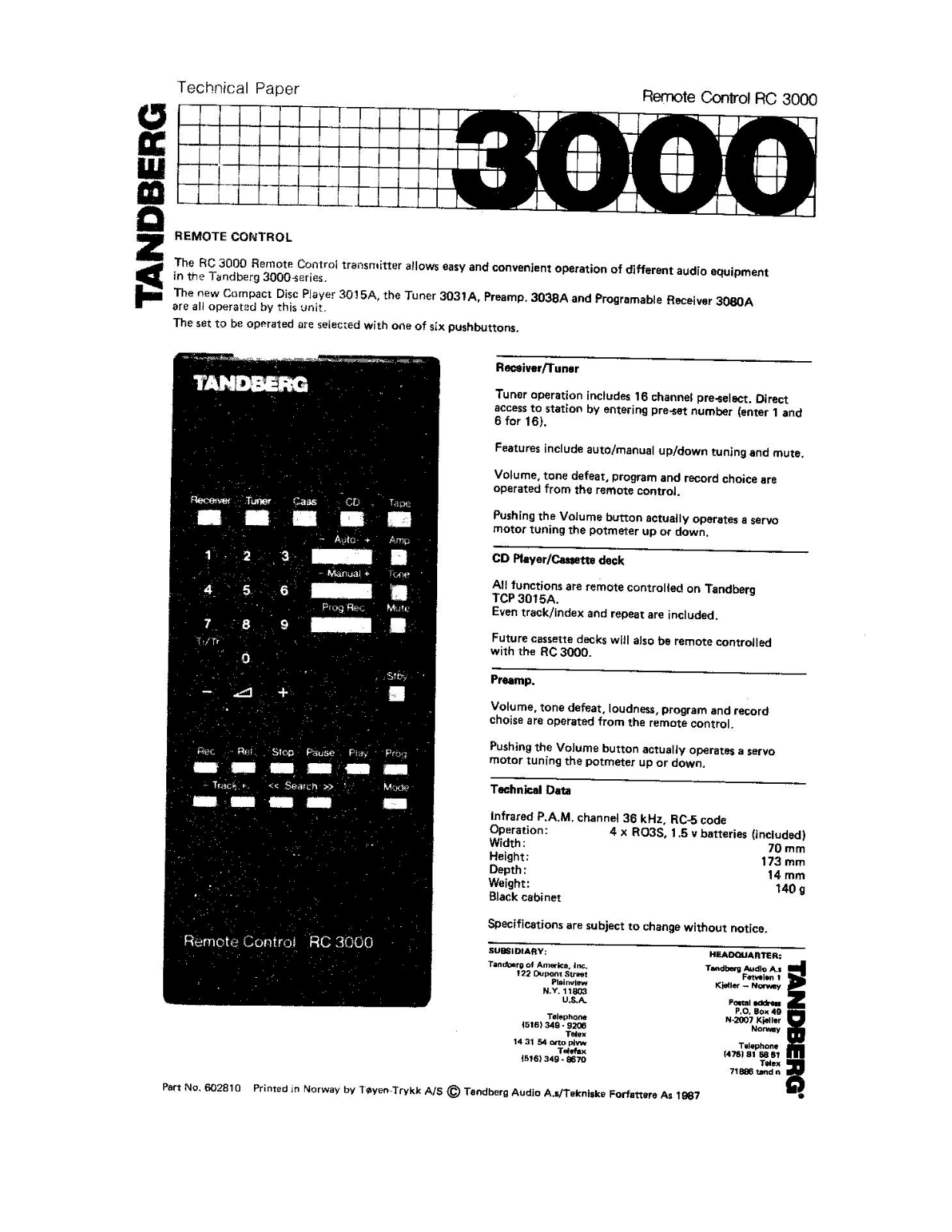 Tandberg RC-3000, TCA-3002-A, TCA-3018-A, TCA-3038-A, TCD-3014-A Brochure