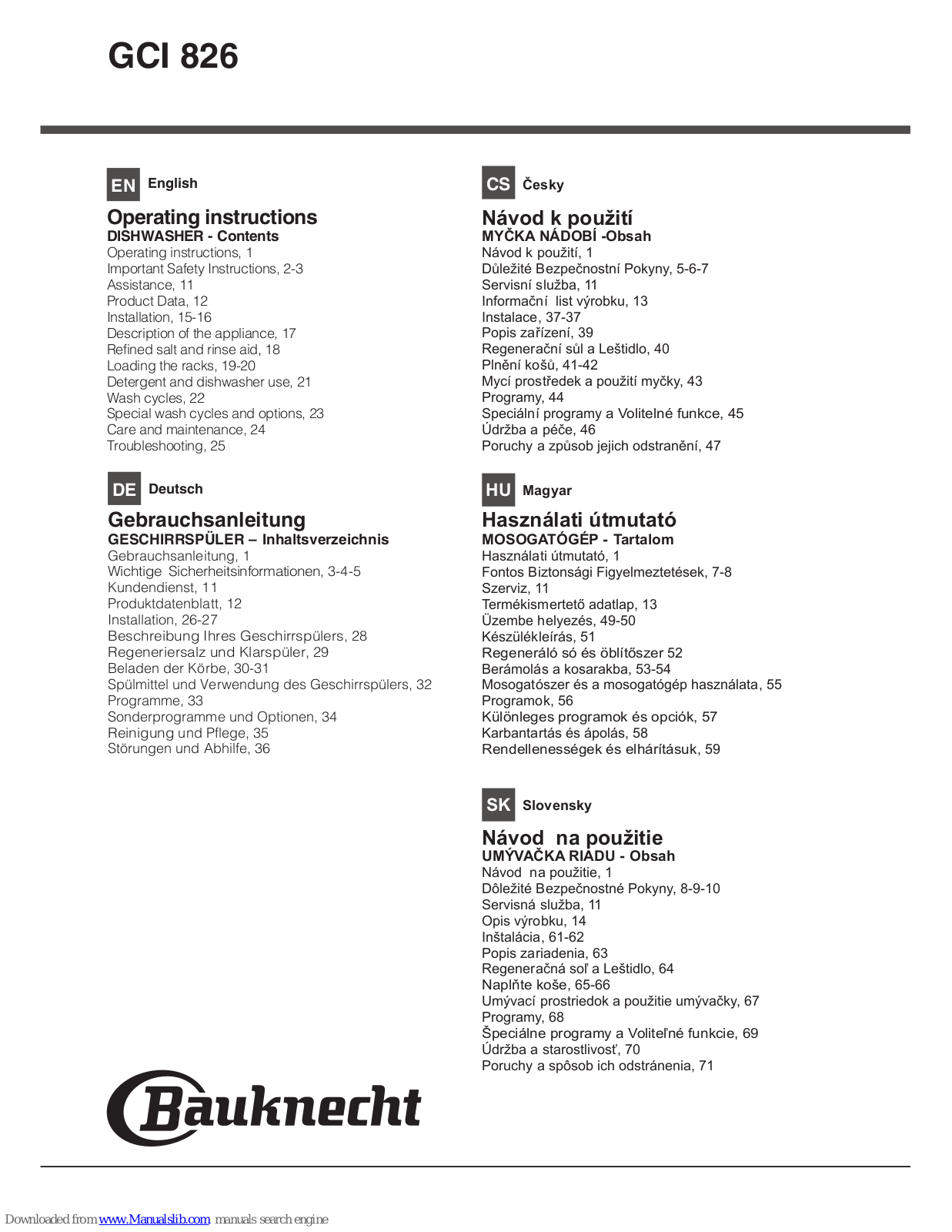 Bauknecht GCI 826 Operating Instructions Manual