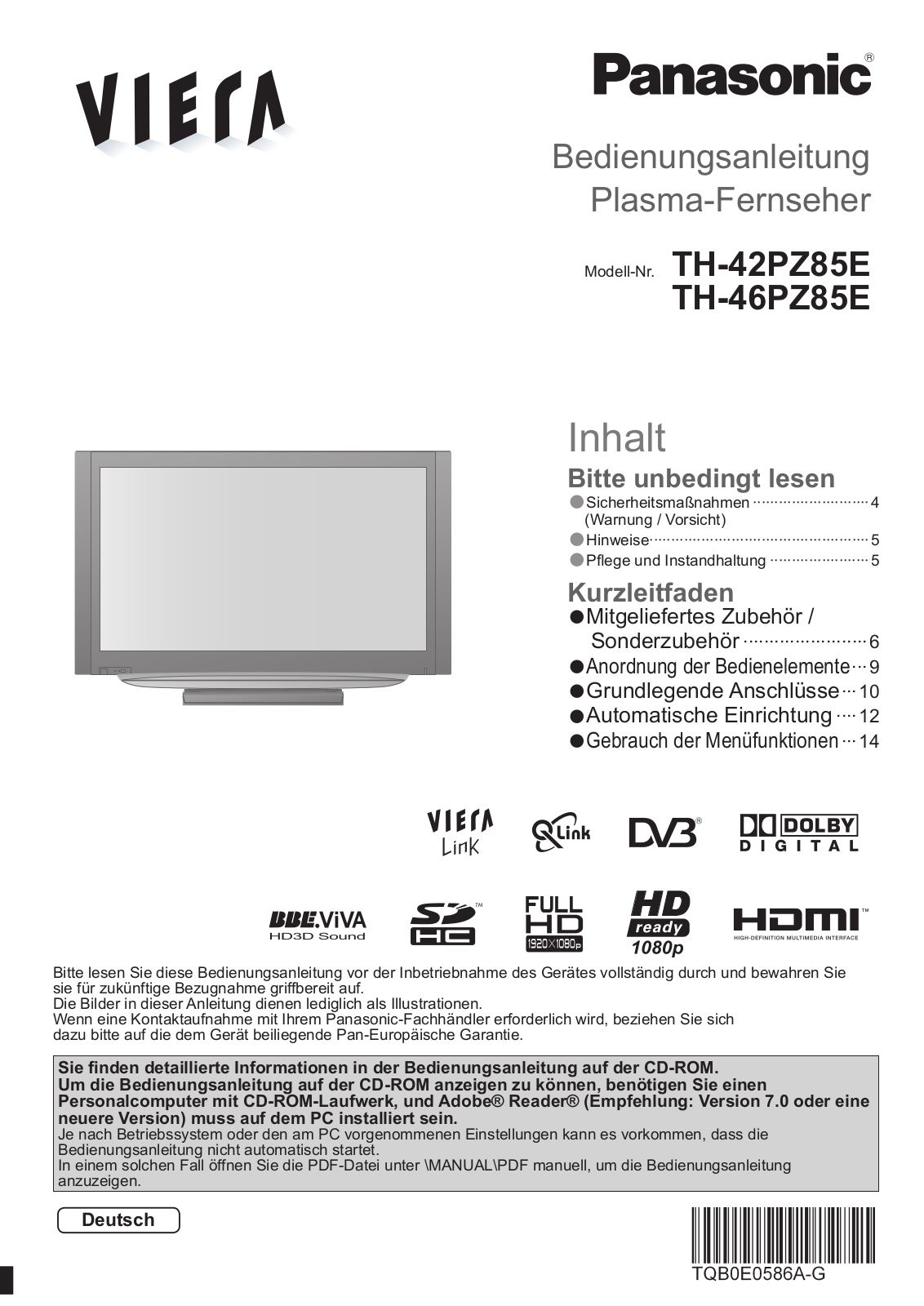 Panasonic TH-42PZ85E, TH-46PZ85E User Manual